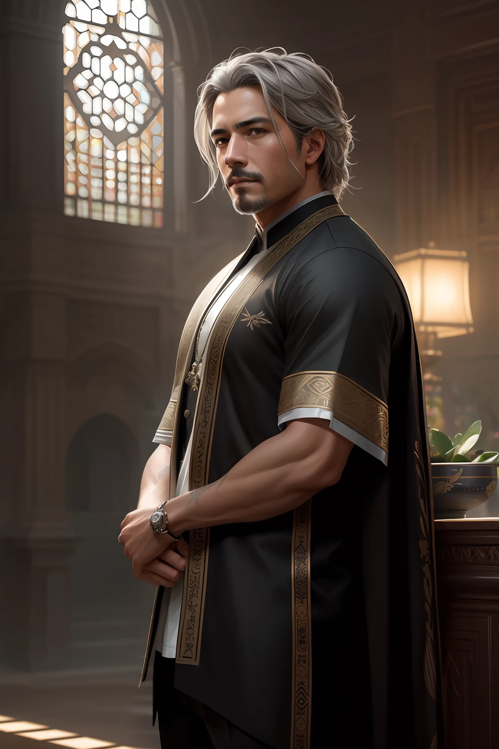 (Obra maestra, Calidad superior, La mejor calidad, Arte Oficial, Beauty and Aesthetics: 1.2), Father's Day, Chinos (muchachos de cabello gris plateado) y Padre con cabello naraja y ojos color narajja, 8k modelshoot, (fondo de pantalla CG unidad 8k extremadamente detallado), foto de cuerpo completo de kaiusdpc, hombre hermoso, majestic professional oil painting by Ed Blinkey, Atey Ghailan, Studio Ghibli, por Jeremy Mann, Greg Manchess, Antonio Moro, tendencia en ArtStation, tendencia en CGSociety, Intricate, High Detail, foco nítido, dramatic and photorealistic art by Midjourney and Greg Rutkowski