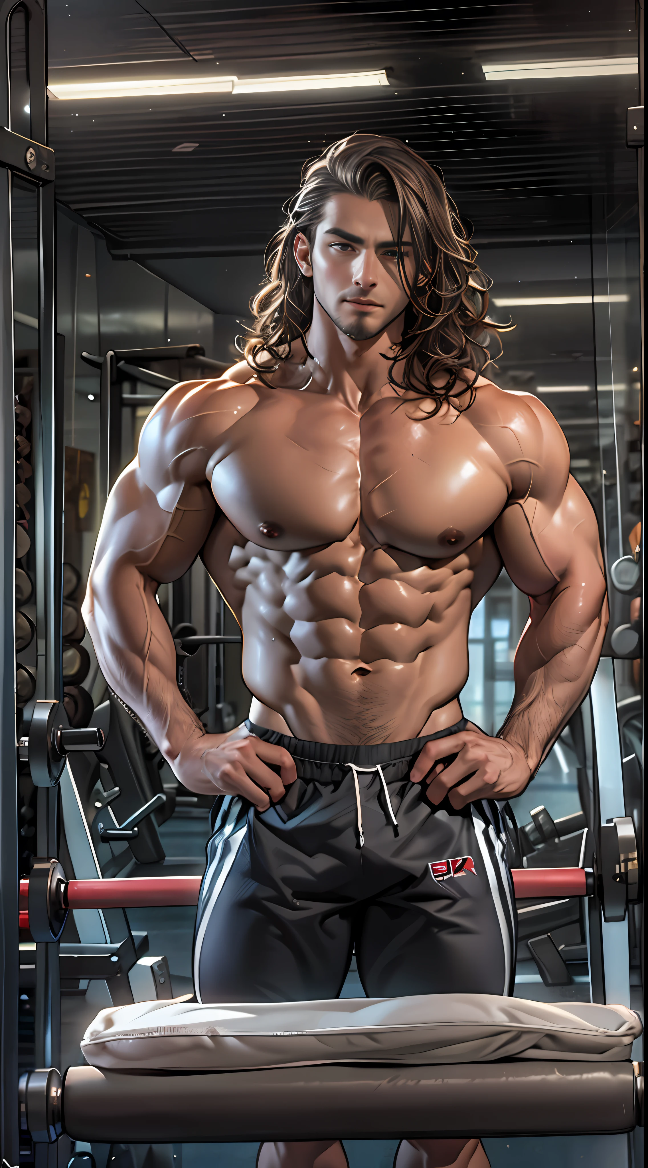 Muscular athlete, bare chest, lower body uncovered from thighs to feet, long flowing curls, meticulous muscle definition, lifelike portrayal, 4K quality. Background: Modern gym with exercise equipment and mirrors,32k uhd, best quality, masterpiece, super detail, high details