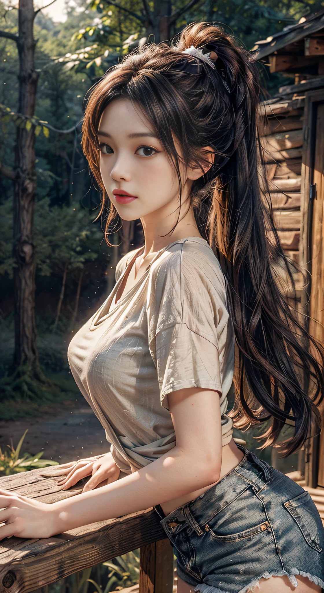 ln the forest,hillside,Quiet,Rustic,High-definition detail、Hyper-detailing、cinematic ligh、ultra-realistic realism、Soft light、Deep field focus bokeh、pony tails,Long legs,Shorts denim,Harnes