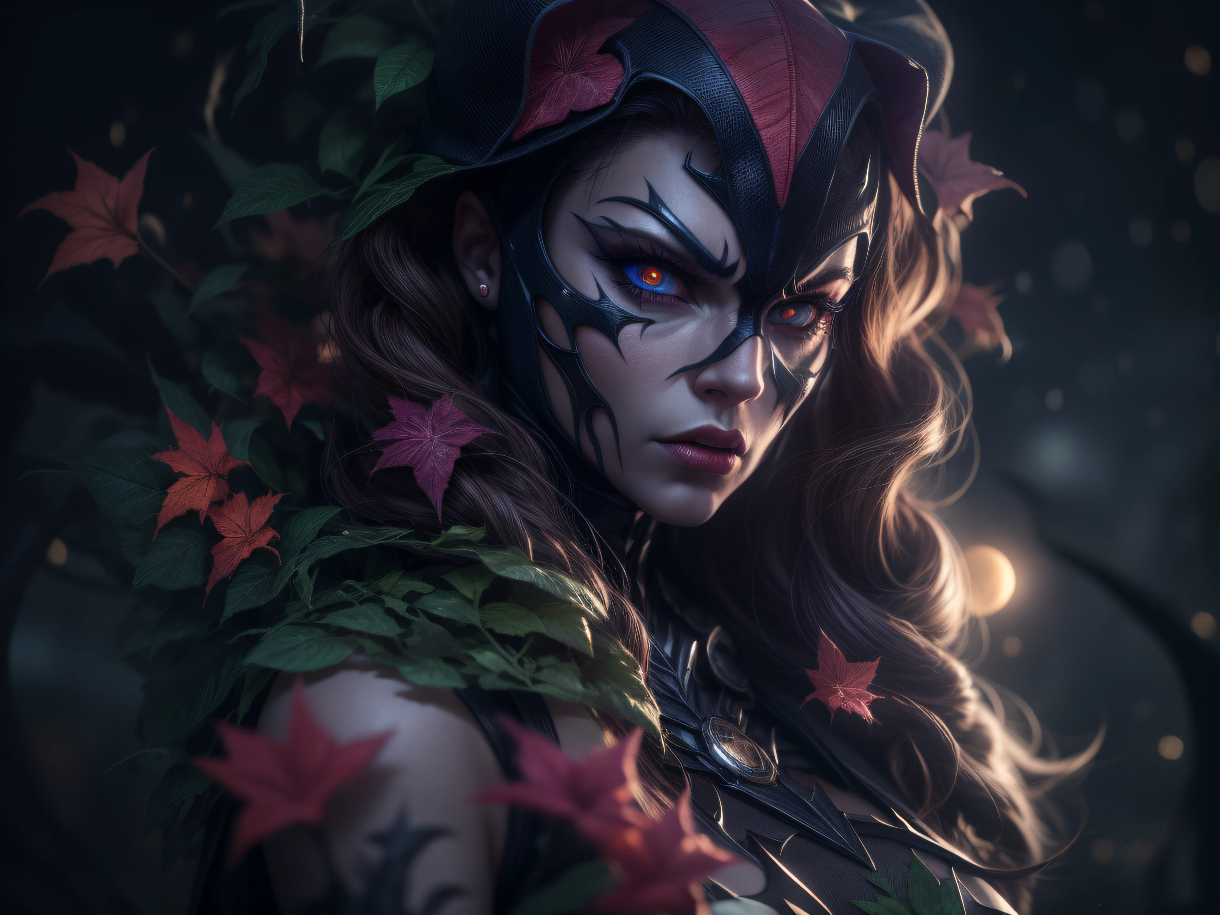 Close a powerful threat, The creepy appearance of the mysterious and frightening Poison Ivy, inimmiga do Batman, vestida com de forma sensual, menacing stare, ricamente detalhado, Hiper realista, 3D-rendering, obra-prima, NVIDIA, RTX, ray-traced, Bokeh, Night sky with a huge and beautiful full moon, estrelas brilhando, 8k,