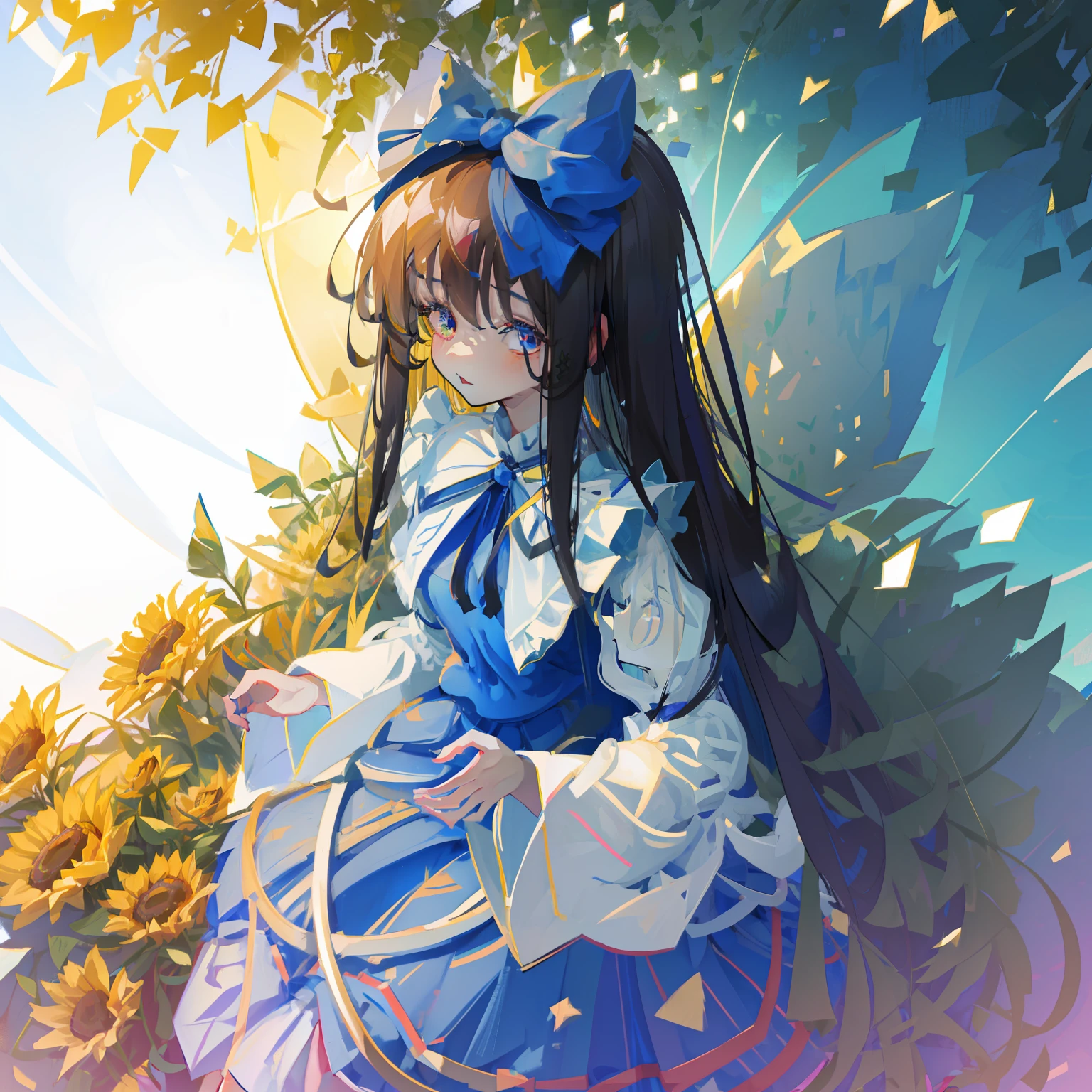 star sapphire touhou long hair black hair hime cut blue hair bow blue dress with star standing wings, tatara kogasa, heterochromia, blue vest, shirt, puffy sleeves, long sleeves, skirt
masterpiece, fine detail, 4k, 8k, 12k, solo, 1 person, beautiful girl, white woman, Tatara Kogasa, cowboy_shot, looking_at_viewer, Personage as the main perspective, flying_sweatdrops, extremely detailed body, flat chest, girl,woman,female , ,child,ars olr, wavy hair, bangs, pale blue hair, shiny hair, snowflakesdetailed cute anime face, extremely detailed cute anime face, Beautiful detailed gemological eyes, tongue_out, fingernails, small_breasts, heterochromic, white skin , no_bra, see-through, pale blue clothes, beautiful detailed sky, The sun shines through the trees, holy light, extremely detailed CG unity 8k wallpaper, Very detailed CG unified 8k wallpaper, extremely detailed CG 8k wallpaper,