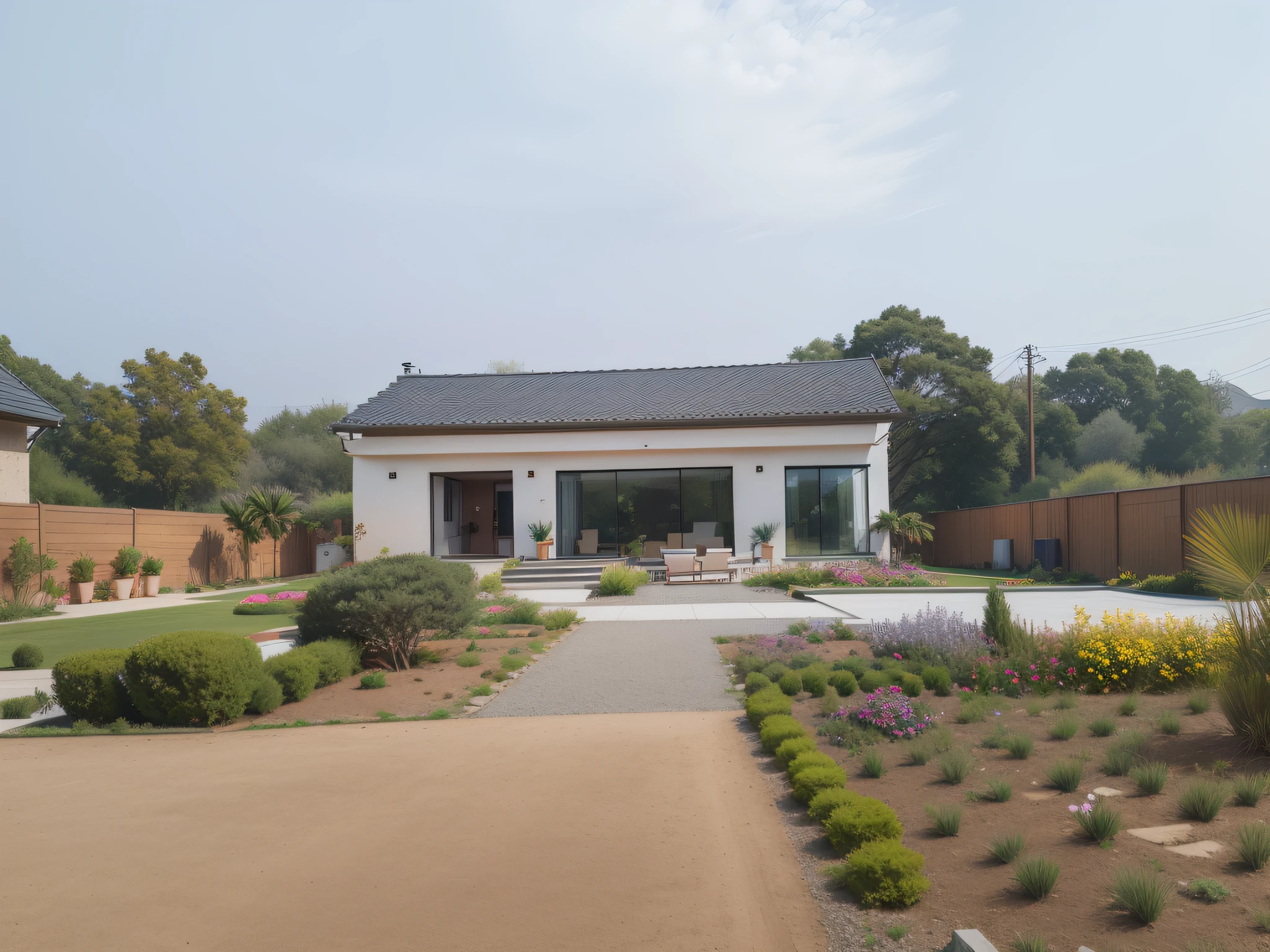 modern garden house design, many trees and flowers, beautiful landscape, high realism