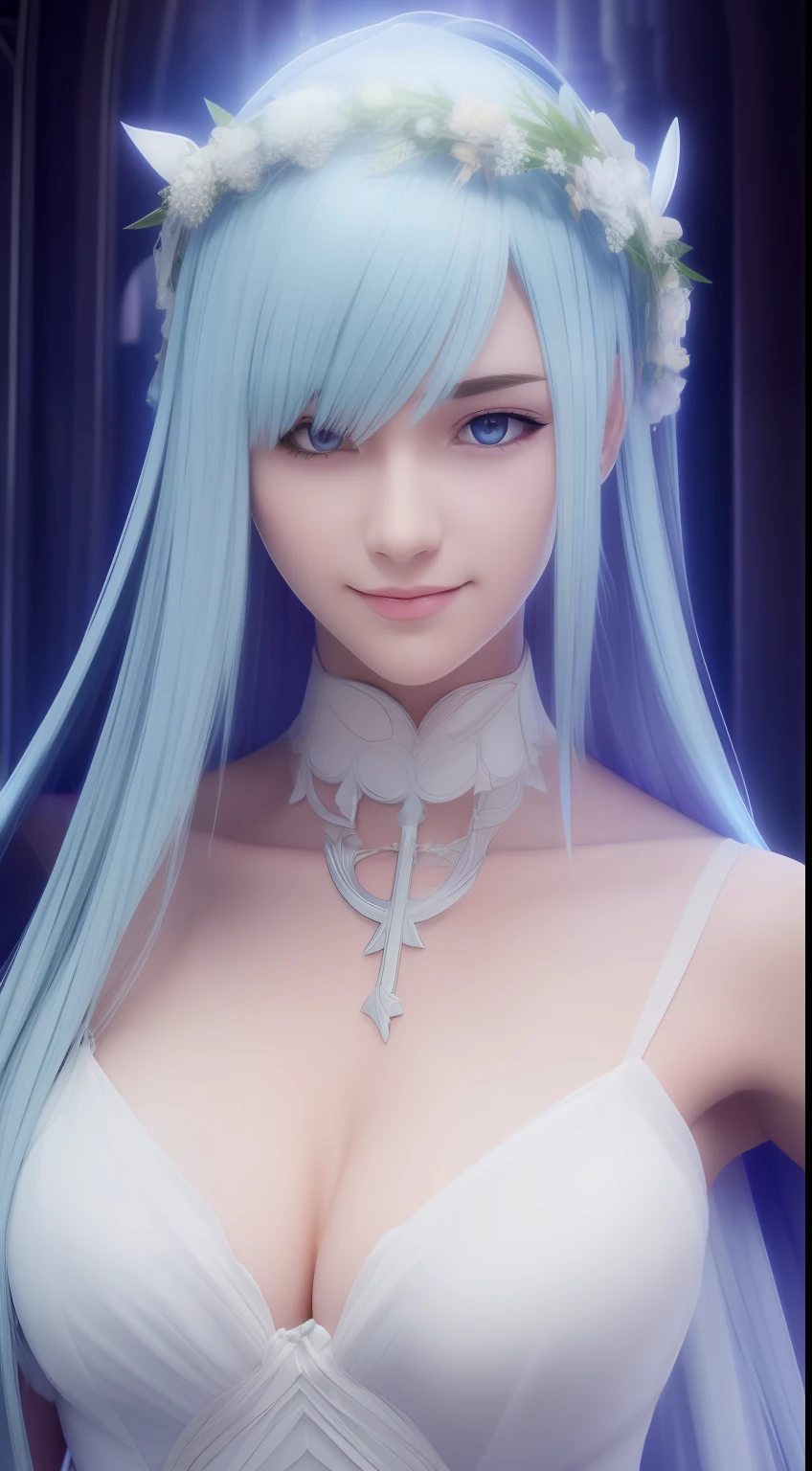 brynhildr lancer fgo,20-year old,bride,pure,affectionately gaze,smile,laurel wreath,white wedding dress,shyly pose, pretty round face,tall,very skinny,slender,light blue hair, cross-cut bangs strongly leans to the right,detailed hair