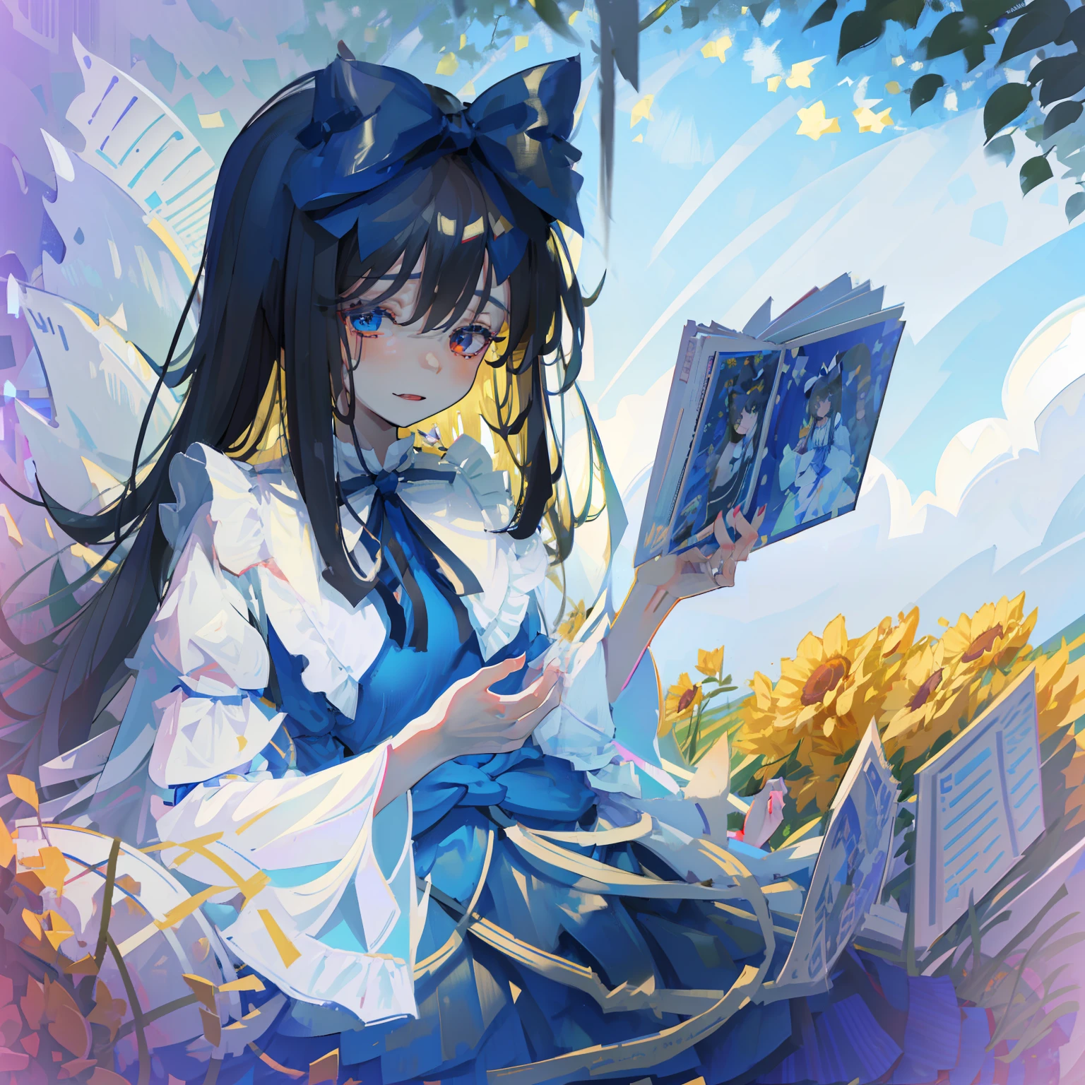 star sapphire touhou long hair black hair hime cut blue hair bow blue dress with star standing wings, tatara kogasa, heterochromia, blue vest, shirt, puffy sleeves, long sleeves, skirt
masterpiece, fine detail, 4k, 8k, 12k, solo, 1 person, beautiful girl, white woman, Tatara Kogasa, cowboy_shot, looking_at_viewer, Personage as the main perspective, flying_sweatdrops, extremely detailed body, flat chest, girl,woman,female , little,child,10 years old, short hair, wavy hair, bangs, pale blue hair, shiny hair, snowflakesdetailed cute anime face, extremely detailed cute anime face, Beautiful detailed gemological eyes, tongue_out, fingernails, small_breasts, heterochromic, white skin , no_bra, see-through, pale blue clothes, beautiful detailed sky, The sun shines through the trees, holy light, extremely detailed CG unity 8k wallpaper, Very detailed CG unified 8k wallpaper, extremely detailed CG 8k wallpaper,