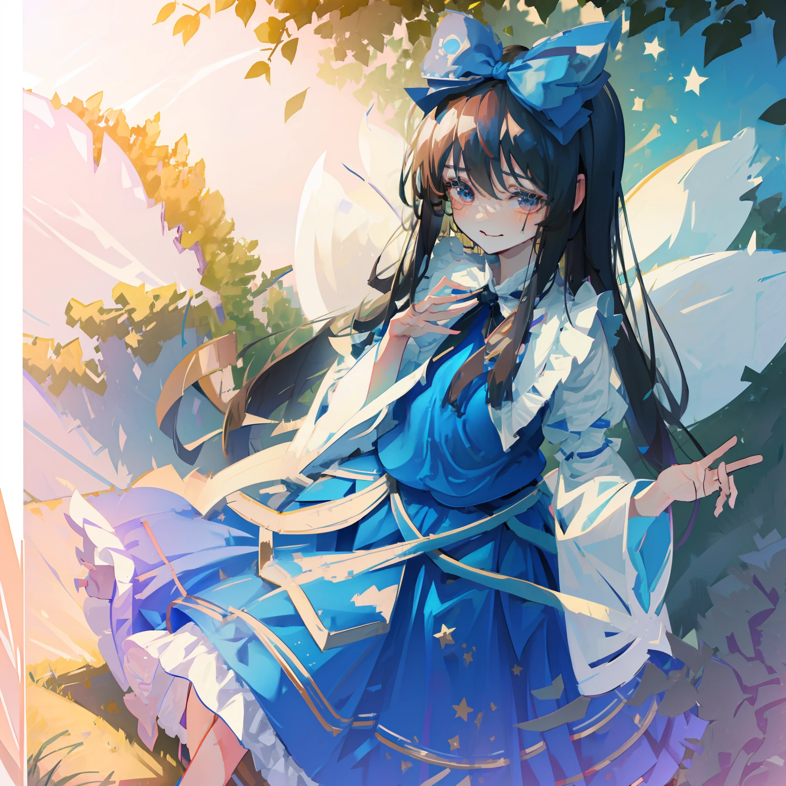 star sapphire touhou long hair black hair hime cut blue hair bow blue dress with star standing wings, tatara kogasa, heterochromia, blue vest, shirt, puffy sleeves, long sleeves, skirt
masterpiece, fine detail, 4k, 8k, 12k, solo, 1 person, beautiful girl, white woman, Tatara Kogasa, cowboy_shot, looking_at_viewer, Personage as the main perspective, flying_sweatdrops, extremely detailed body, flat chest, girl,woman,female , little,child,10 years old, short hair, wavy hair, bangs, pale blue hair, shiny hair, snowflakesdetailed cute anime face, extremely detailed cute anime face, Beautiful detailed gemological eyes, tongue_out, fingernails, small_breasts, heterochromic, white skin , no_bra, see-through, pale blue clothes, beautiful detailed sky, The sun shines through the trees, holy light, extremely detailed CG unity 8k wallpaper, Very detailed CG unified 8k wallpaper, extremely detailed CG 8k wallpaper,