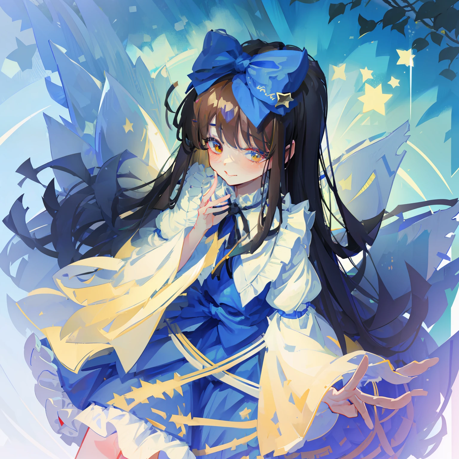 star sapphire touhou long hair black hair hime cut blue hair bow blue dress with star standing wings, tatara kogasa, heterochromia, blue vest, shirt, puffy sleeves, long sleeves, skirt
masterpiece, fine detail, 4k, 8k, 12k, solo, 1 person, beautiful girl, white woman, Tatara Kogasa, cowboy_shot, looking_at_viewer, Personage as the main perspective, flying_sweatdrops, extremely detailed body, flat chest, girl,woman,female , little,child,10 years old, short hair, wavy hair, bangs, pale blue hair, shiny hair, snowflakesdetailed cute anime face, extremely detailed cute anime face, Beautiful detailed gemological eyes, tongue_out, fingernails, small_breasts, heterochromic, white skin , no_bra, see-through, pale blue clothes, beautiful detailed sky, The sun shines through the trees, holy light, extremely detailed CG unity 8k wallpaper, Very detailed CG unified 8k wallpaper, extremely detailed CG 8k wallpaper,