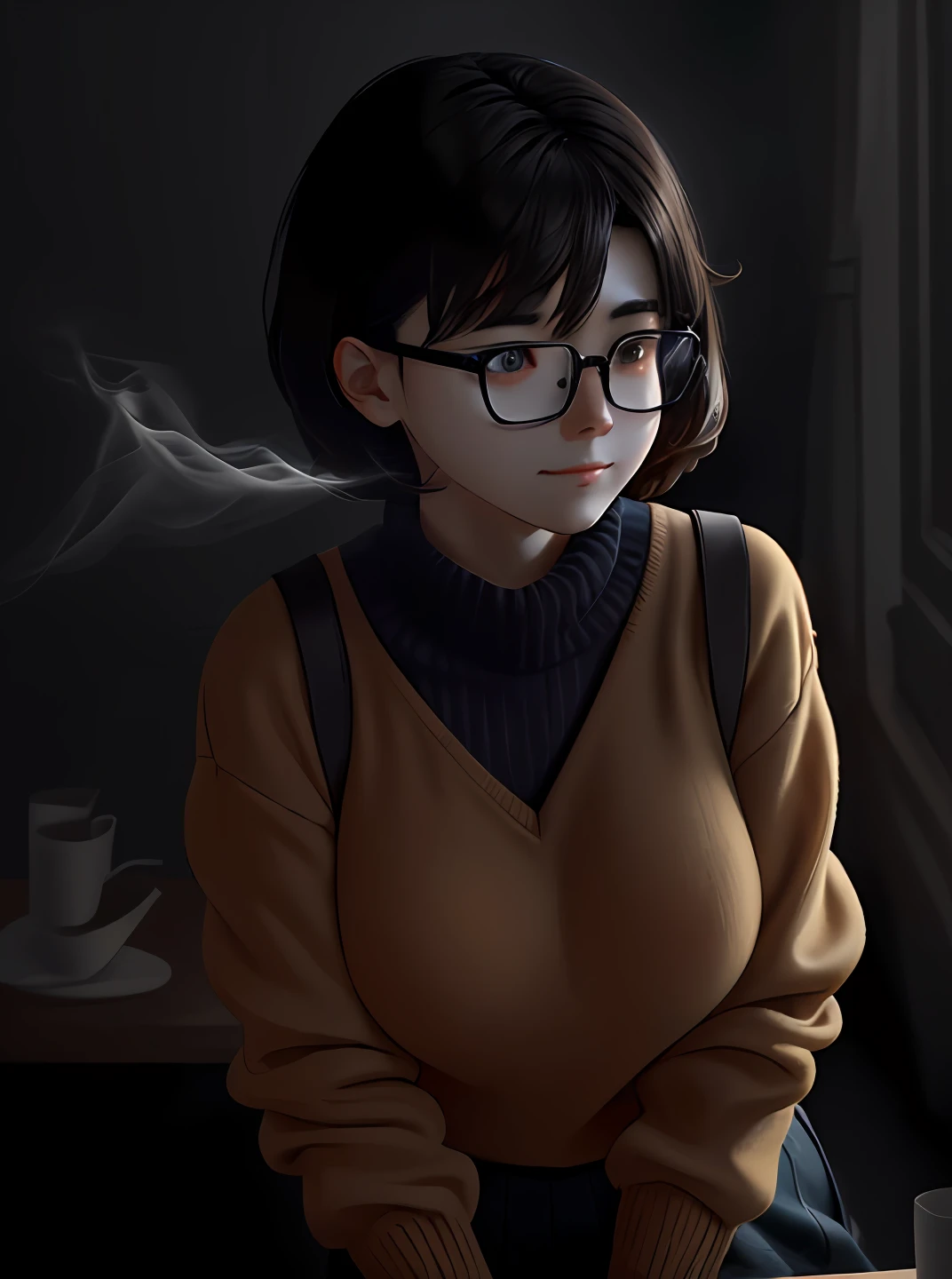 masterpiece, (volumetric lighting:1.5), (atmospheric:1.5), best quality, best artist, 4k wallpaper, 1girl, velma, glasses, orange sweater, happy, large breasts, looking_at_viewer, solo, showing indifference,