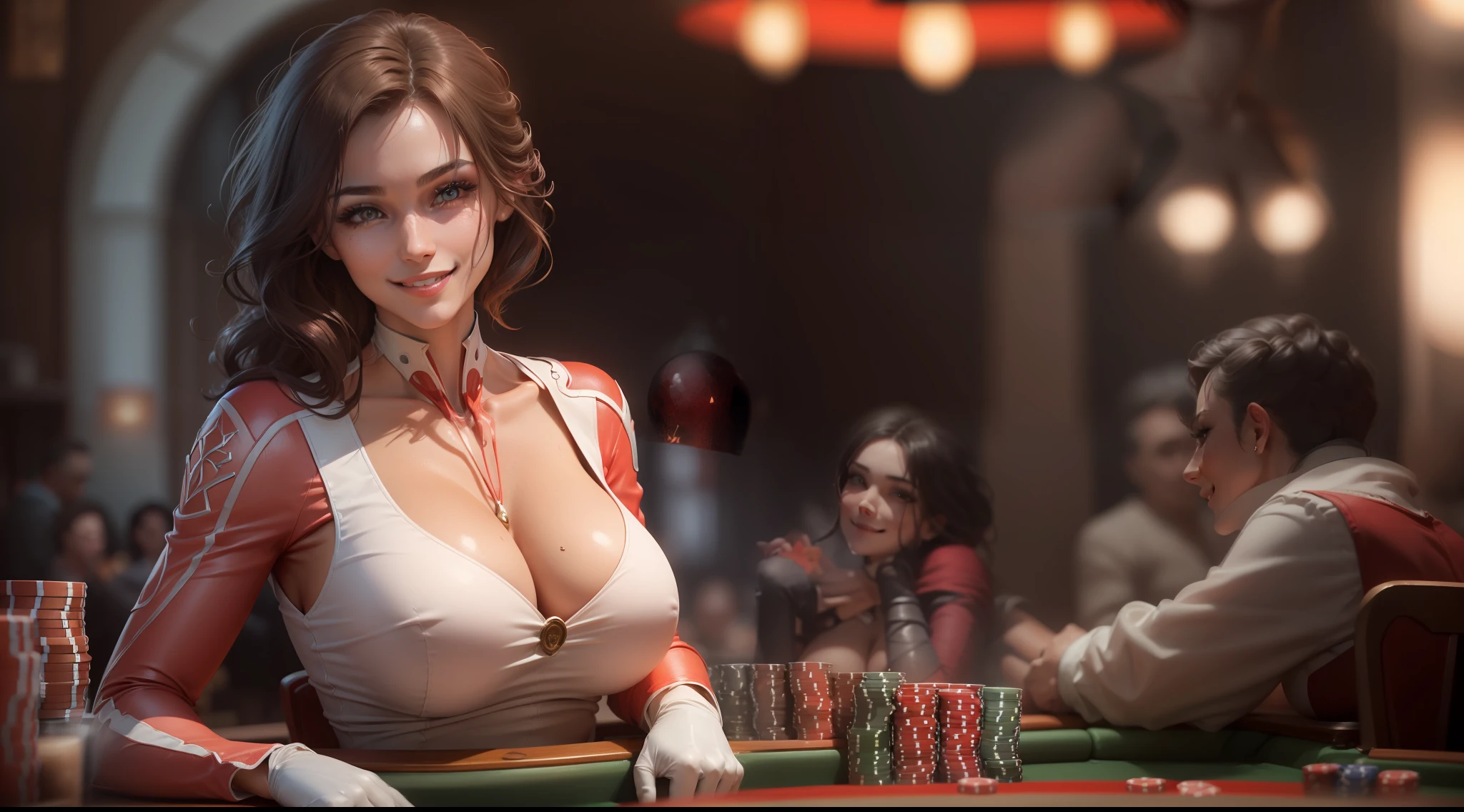 (( 1 woman smiling)),(poker table), Realistic, Best Quality, (((red dress))))), (big breasts: 1.7), ((1 light)), dynamic lighting, intricately , volumetric lighting, trending on Artstation, warm colors, ambient occlusion, 8K resolution, depth of field, ((Unreal Engine 5: 1.2)), ((master piece: 1.6)), (((perfect anatomy: 1.7))), ((detailed face: 1.7)), (((wearing white gloves)))