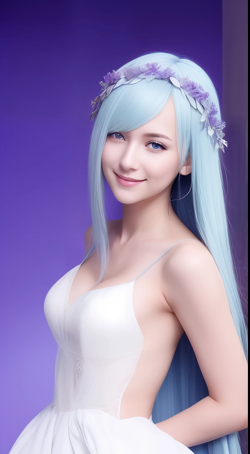 brynhildr lancer fgo,20-year old,bride,pure,affectionately gaze,smile,laurel wreath,white wedding dress,shyly pose, pretty round face,tall,very skinny,slender,light blue hair, cross-cut bangs strongly leans to the right,detailed hair