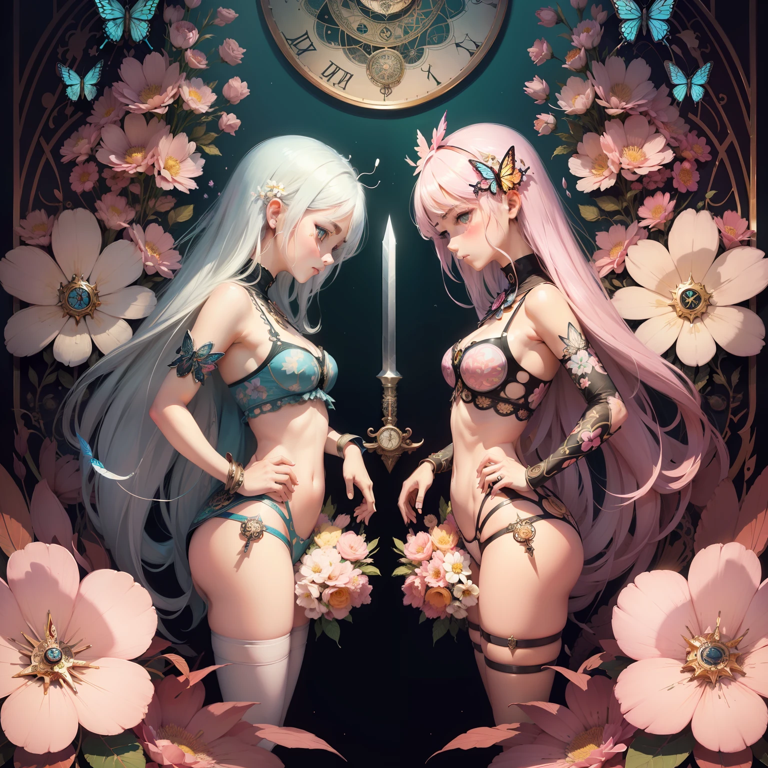 ((masterpiece, ultra-high quality)),(Ultra detailed original illustration),girls,girl1 and girl2,symmetrical,(gril1:lightpink hair),(gril2:white hair ),symmetry,((Flowers with human eyes, Flower eyes)), double exposure, fussion of Fluid abstract art,glitch, (2D), (Original illustration composition), (fusion of limited color,Maximalism artstyle,Geometric artstyle,Butterflies,Junk art) ,((Classic decorative border)),((sword)),(((Tarot Border))),(((clock Magic Circle)))