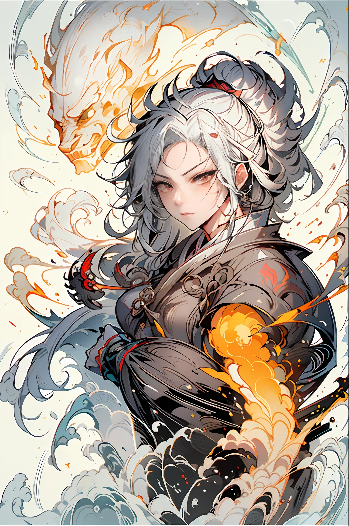 Close-up of a woman with white hair,Holding a Japanese samurai sword with burning flames,Belle peinture de personnage,Guviz,Guviz-style artwork,white-haired god,Yang J,Epic and beautiful character art,Stunning character art,FAN Qi,Wu Zhun Shifan,Guvitz at the Pixiv Art Station,