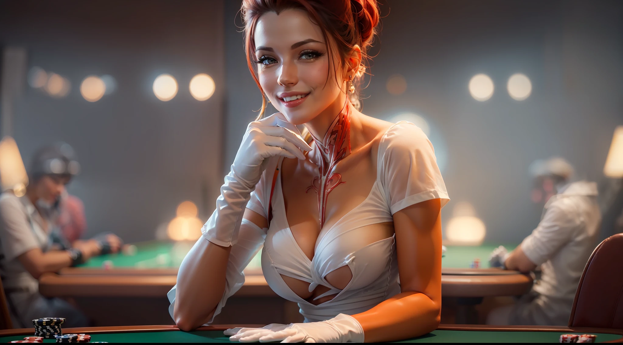 (( 1 woman smiling)),(poker table), Realistic, Best Quality, (((red dress))))), (big breasts: 1.7), ((1 light)), dynamic lighting, intricately , volumetric lighting, trending on Artstation, warm colors, ambient occlusion, 8K resolution, depth of field, ((Unreal Engine 5: 1.2)), ((master piece: 1.6)), (((perfect anatomy: 1.7))), ((detailed face: 1.7)), (((wearing white gloves)))