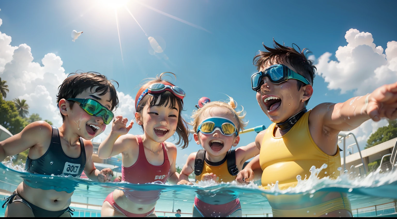 swimmingpool,dive,adolable,Lots of kids,Cartoony,gleeful,and the sun was shining brightly,swim ring,Diving goggles,Water toys,little duck,life jacket,chubby,waterpark,slide