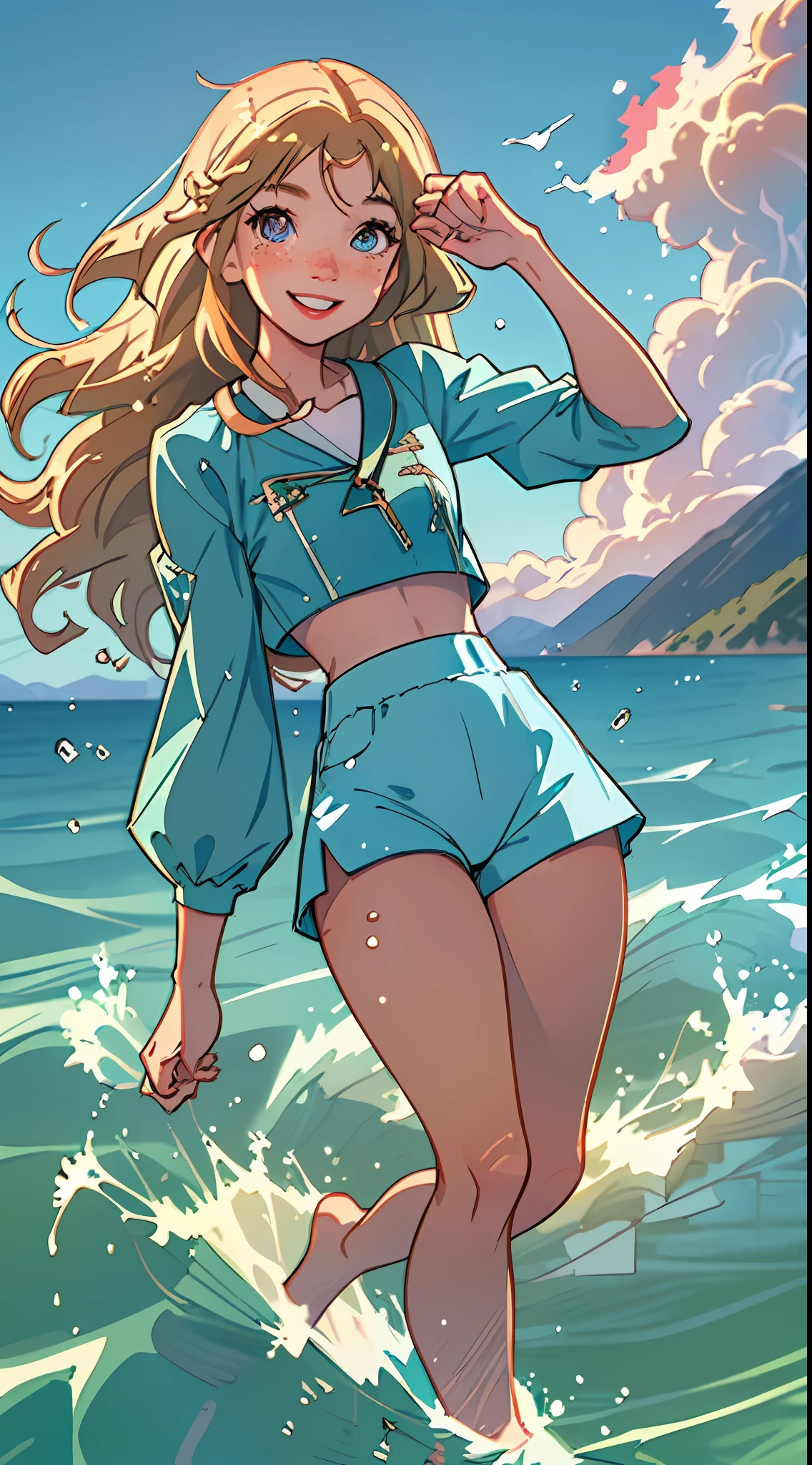 (best quality, masterpiece), 1girl, paw pose, smile, laughing, ocean, crop top, shorts, blonde, freckles, blush, looking at viewer, wavy hair, cloud, splashing, waves, sun, mountain, wet