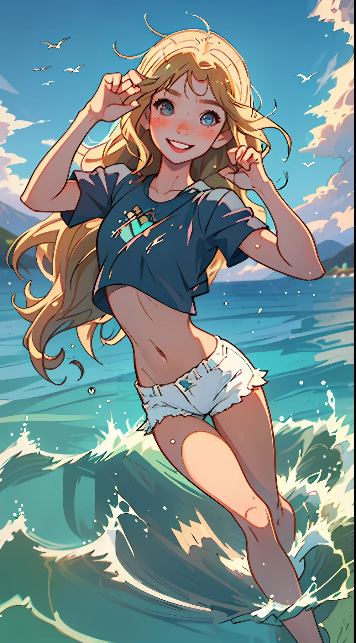 (best quality, masterpiece), 1girl, paw pose, smile, laughing, ocean, crop top, shorts, blonde, freckles, blush, looking at viewer, wavy hair, cloud, splashing, waves, sun, mountain, wet