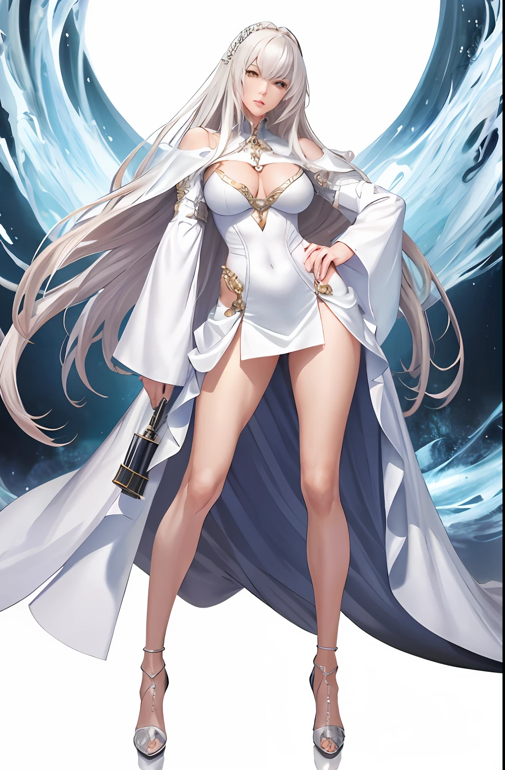 Master anime works,An impeccable masterpiece,8k picture quality: A mature noblewoman in cool and sexy clothes standing on pure white background,Female boss,Flowing silver hair,Full-body standing,Slender legs,Straight breasts,Detailed facial details,Naturally beautiful standing,Vivid and authentic body details