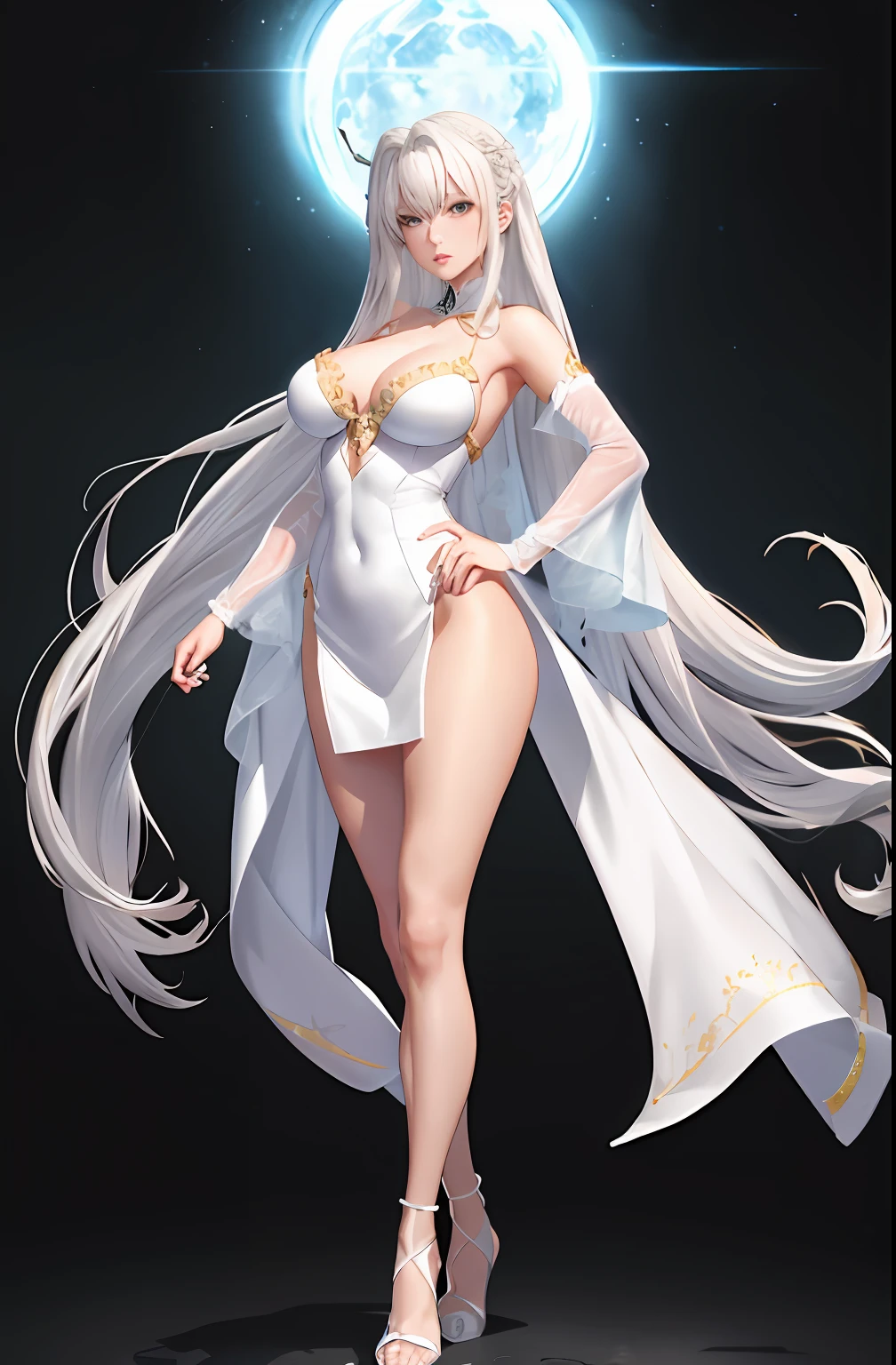 Master anime works，An impeccable masterpiece，8k picture quality: A mature noblewoman in cool and sexy clothes standing on pure white background，Female boss，Flowing silver hair，Full-body standing，Slender legs，Straight breasts，Detailed facial details，Naturally beautiful standing，Vivid and authentic body details