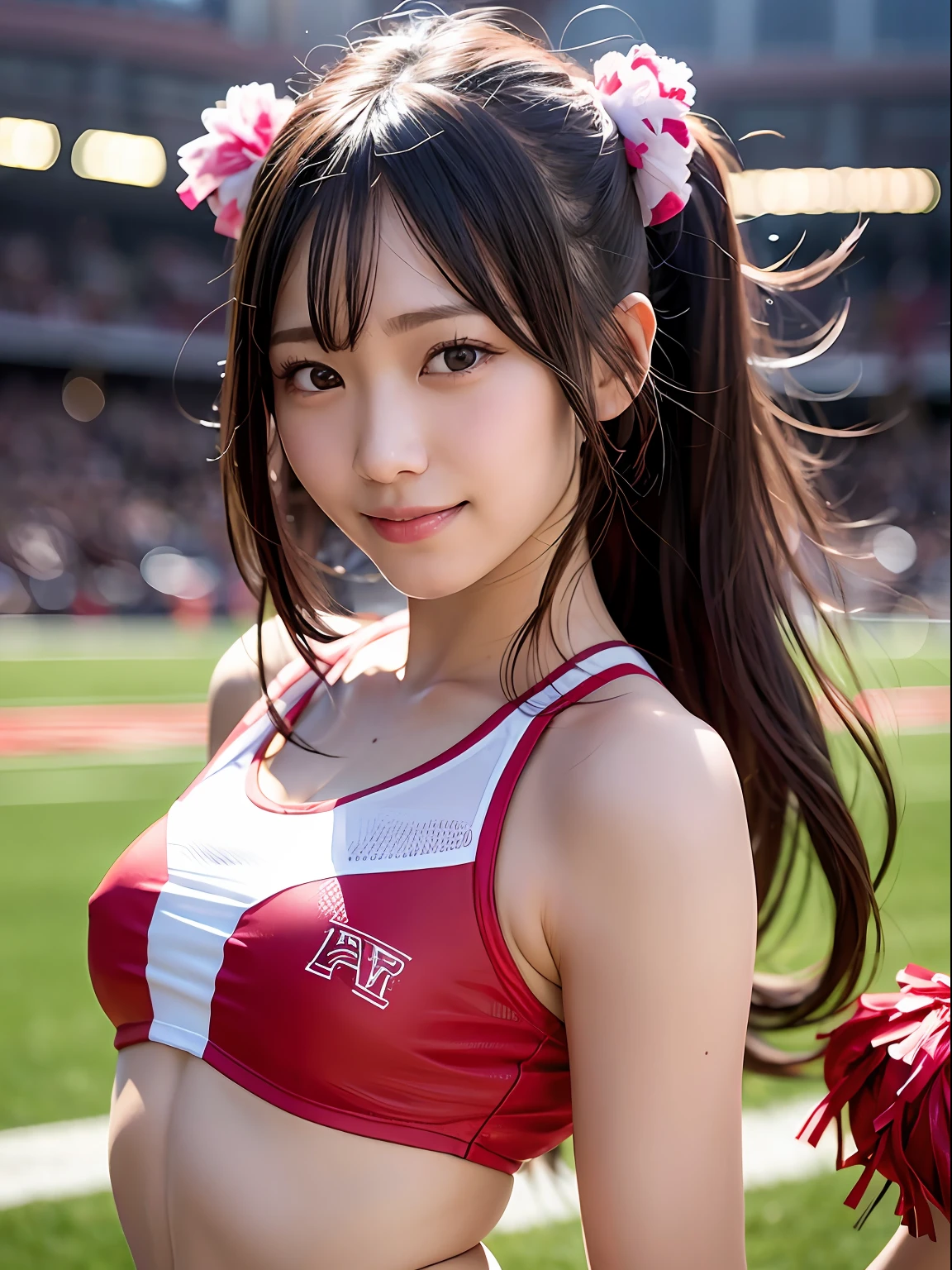 Ala Fed Asian cheerleader holding pom pom in stadium, closeup, closeup, cosplay photo, anime cosplay, small breasts, RAW photo, best quality, high resolution, (masterpiece), (photorealistic:1.4), professional photography, sharp focus, HDR, 8K resolution, intricate details, depth of field, highly detailed cg unity 8k wallpaper, Front Light, NSFW, Woman, Girl, Beautiful Supermodel, Smiling, Slender, (Sweating all over: 1.3),