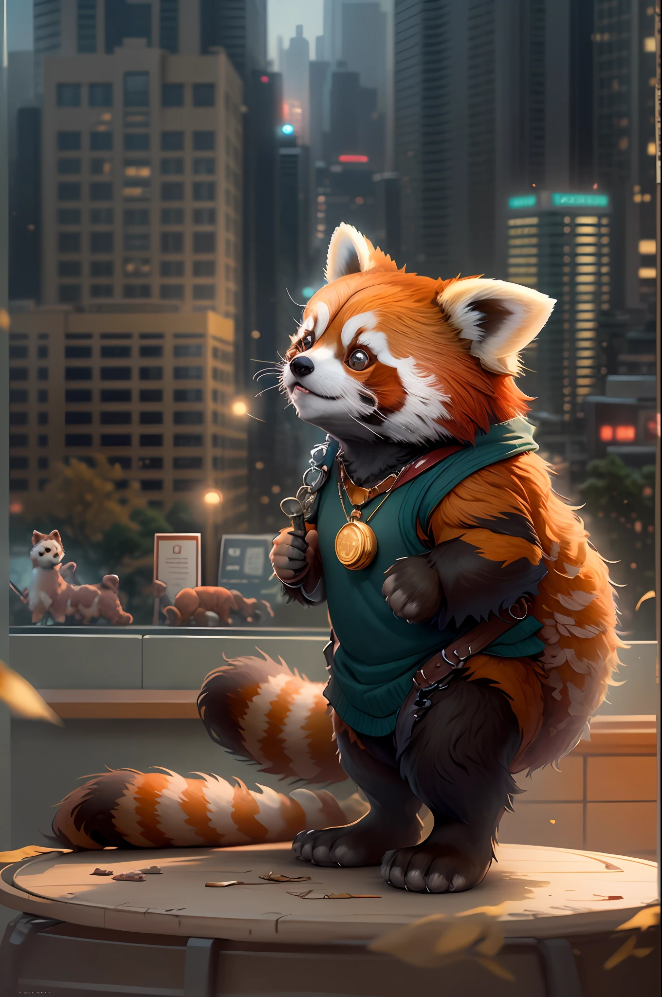 Cute hyper-realistic red panda，Wearing a necklace，A round gold medal hangs on it，The background is a view of the city of Chengdu，Lovely and fluffy，Logo design，cartoony，movie light effect，big breasts enchanting，3D矢量艺术，Cute quirky，Fantasy art，Background bokeh，handpainted，digitial painting，gentlesoftlighting，Isometric style，4K 分辨率，photoreal render，Highly detailed and clean，Vector Image，Photorealistic masterpiece，professional photoshooting，simple space background，flat white background，isometry，vibrant vector