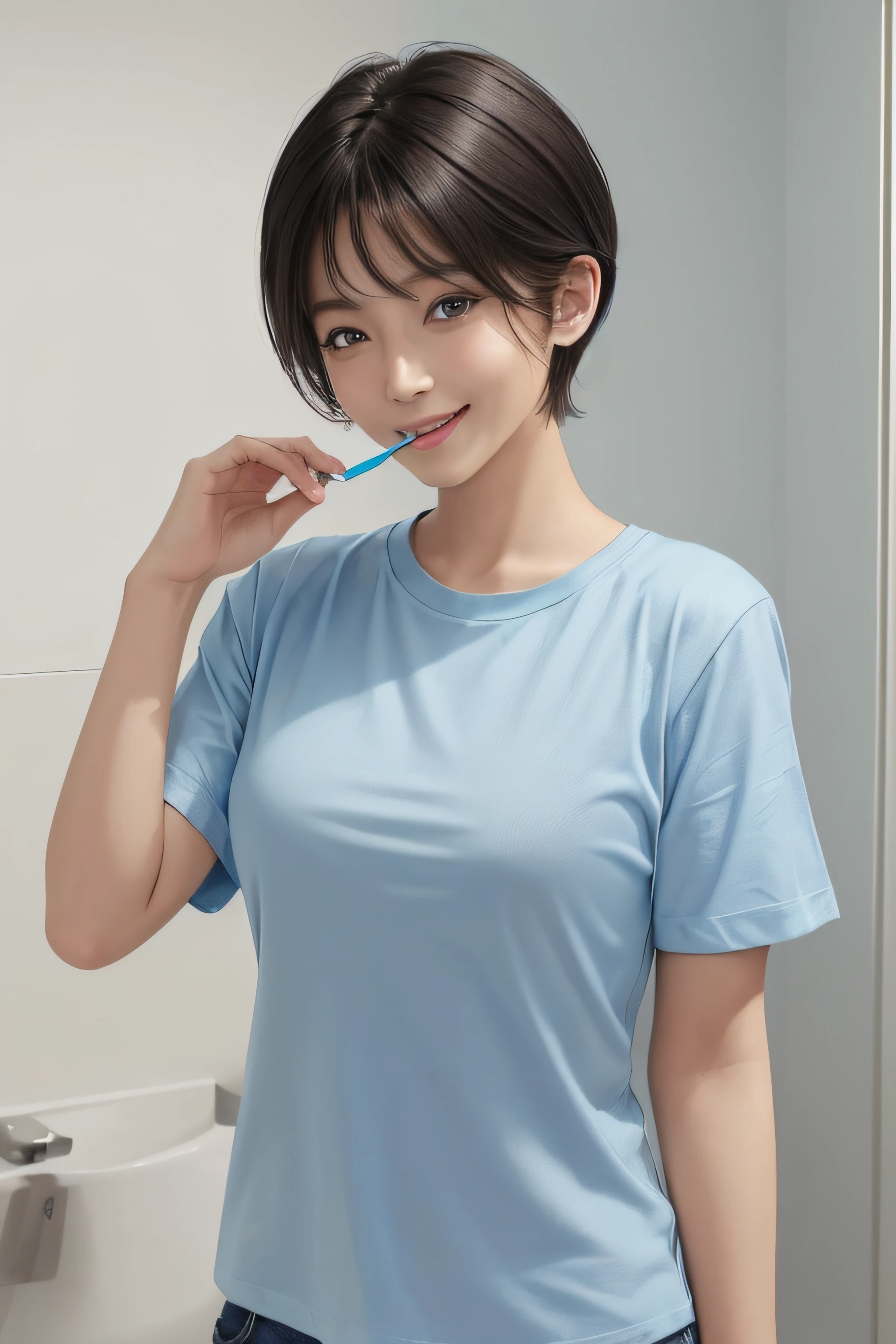 ((top-quality、in 8K、masterpiece:1.3)), inside in room:1.3, (Toothbrush on hand、Brushing your teeth), from the chest up, foco nítido:1.2, Beautiful woman with perfect body shape:1.4, Slender Abs:1.1, (A dark-haired、short-hair:1.3), (Light blue T-shirt、is standing:1.2), Highly detailed facial and skin texture, A detailed eye, 二重まぶた, A smile, Highly detailed white tooth texture
