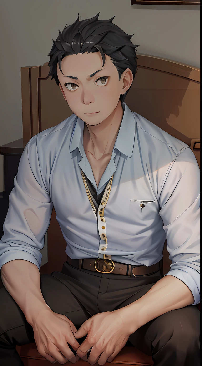 (1 Adult male),A high resolution, Sharp focus, Pixiv masterpiece, ((Complicated details)), highly detailed, natsuki_subaru, 1 man, with her mouth open,drools,full bodyesbian, Golden eyes(eyes glowing), with short golden hair,blue-shirt,a blue tie,Silver belt,obi strip,Blue suit,perspire,look from down