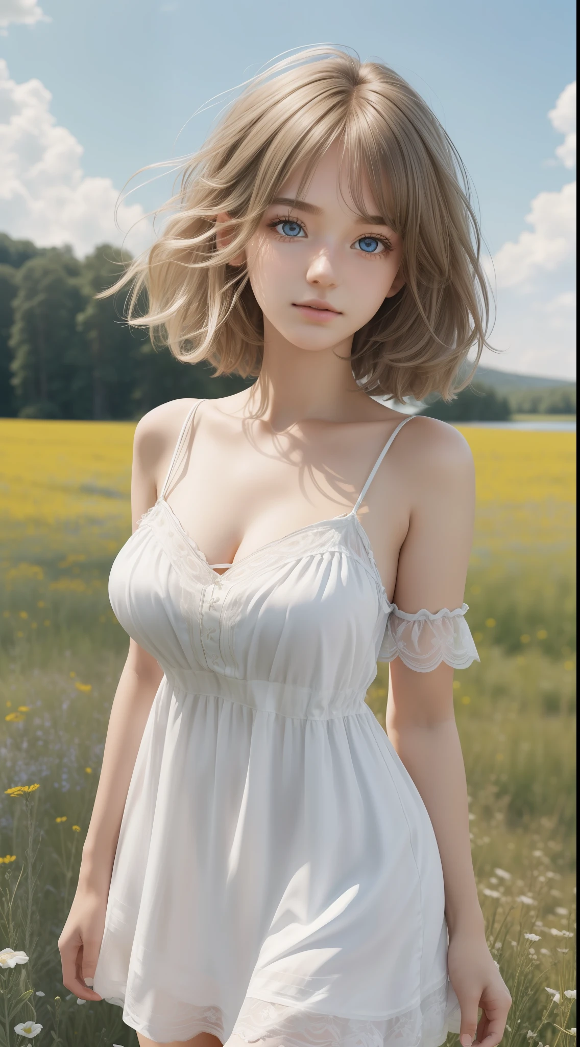 (depth of field):1.4, (ultra-detailed:1.3), (illustration:1.2), (disheveled hair, beautiful detailed eyes):1.1, (high resolution), (large breasts), (1 girl), knees , , white short hair, intake, (Chemise dress:1.2), fluffy hair, eyes wise, private style, meadow background, blue sky, standing,