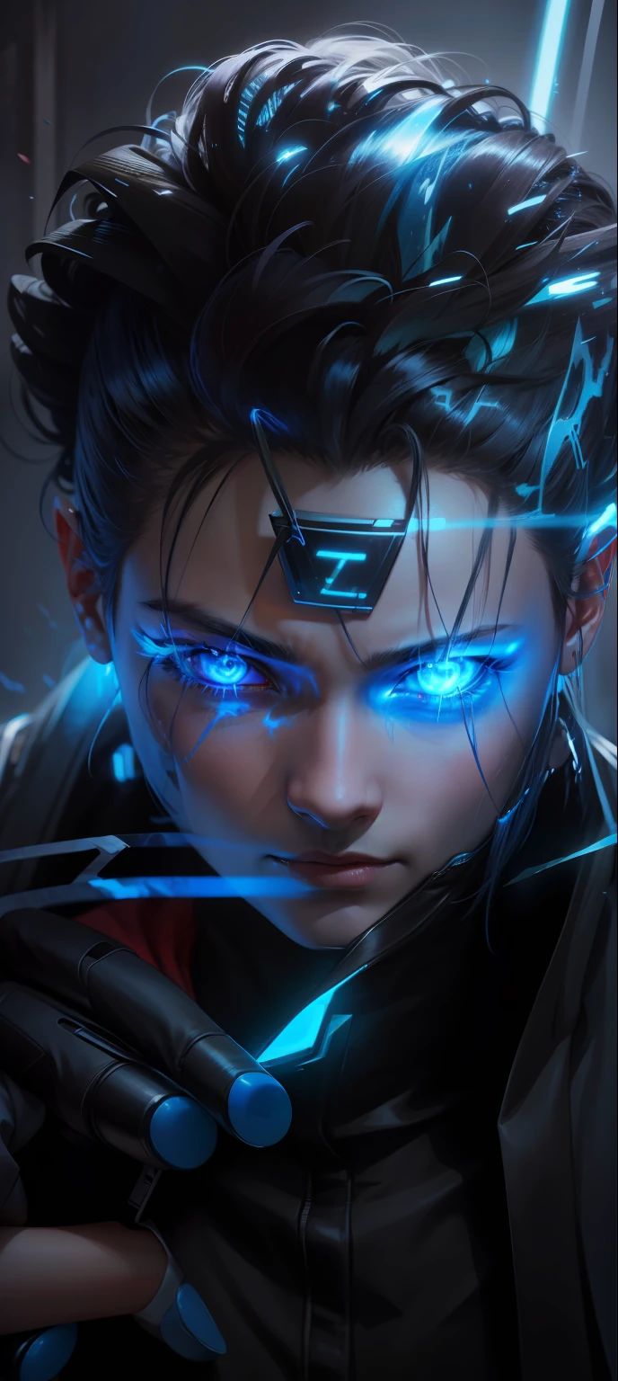 Change in to like Itachi glowing blue eyes ab with magical powers and aura glowing hair and cyber punk style high realistic photography 12k hyper realistic