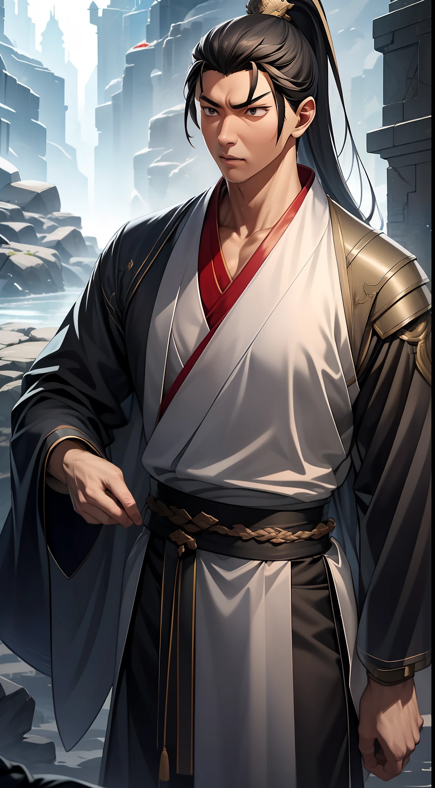 quadratic element,style of anime,mtu(Male Warrior),The proportions are correct,Face details,swordsmen,High ponytail hairstyle,Neck details,There is an Adam's apple,Black Hanfu,kaftan,Embroidered robes,Black robe,clothes details,Handing over,longer sleeves,Game quality,Swordsmanship,Light and shadow tracking,Ray traching,detailed glow,cg render,hair detail,long white hair,Black eyes,Handsome,Handsome,(juvenile sense),Clothing is complicated,Perfectcomposition,Refinement,high qulity,higher details,Lots of details,The background is complex,a sense of atmosphere,