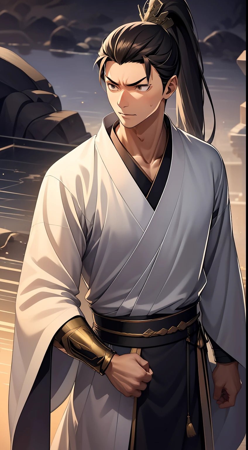 quadratic element,style of anime,mtu(Male Warrior),The proportions are correct,Face details,swordsmen,High ponytail hairstyle,Neck details,There is an Adam's apple,Black Hanfu,kaftan,Embroidered robes,Black robe,clothes details,Handing over,longer sleeves,Game quality,Swordsmanship,Light and shadow tracking,Ray traching,detailed glow,cg render,hair detail,long white hair,Black eyes,Handsome,Handsome,(juvenile sense),Clothing is complicated,Perfectcomposition,Refinement,high qulity,higher details,Lots of details,The background is complex,a sense of atmosphere,