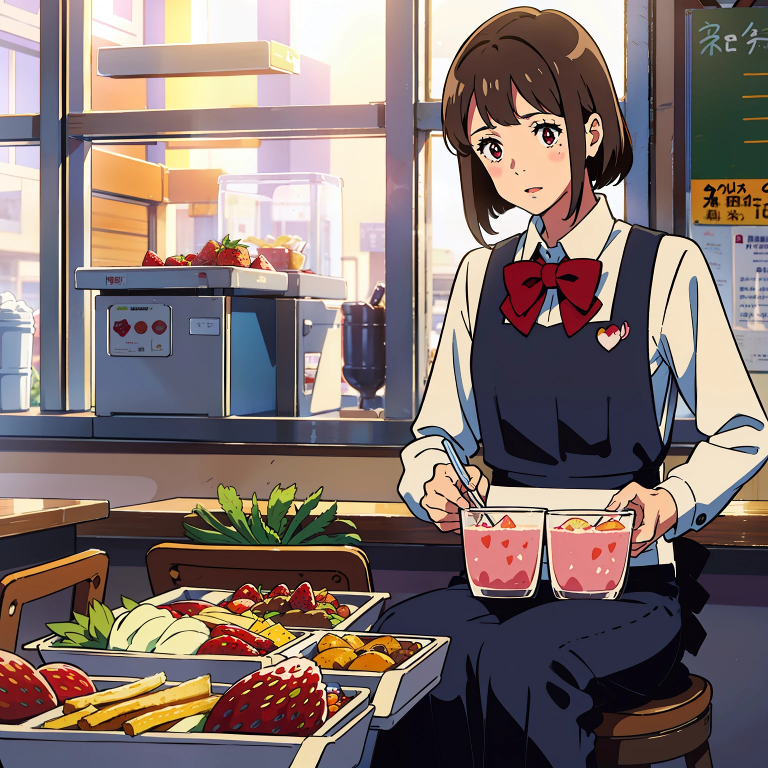In the family cafeteria, girls were drinking strawberry milk, a boy was sitting across from him, all in school uniforms, and a brunette waiter ordered their food。