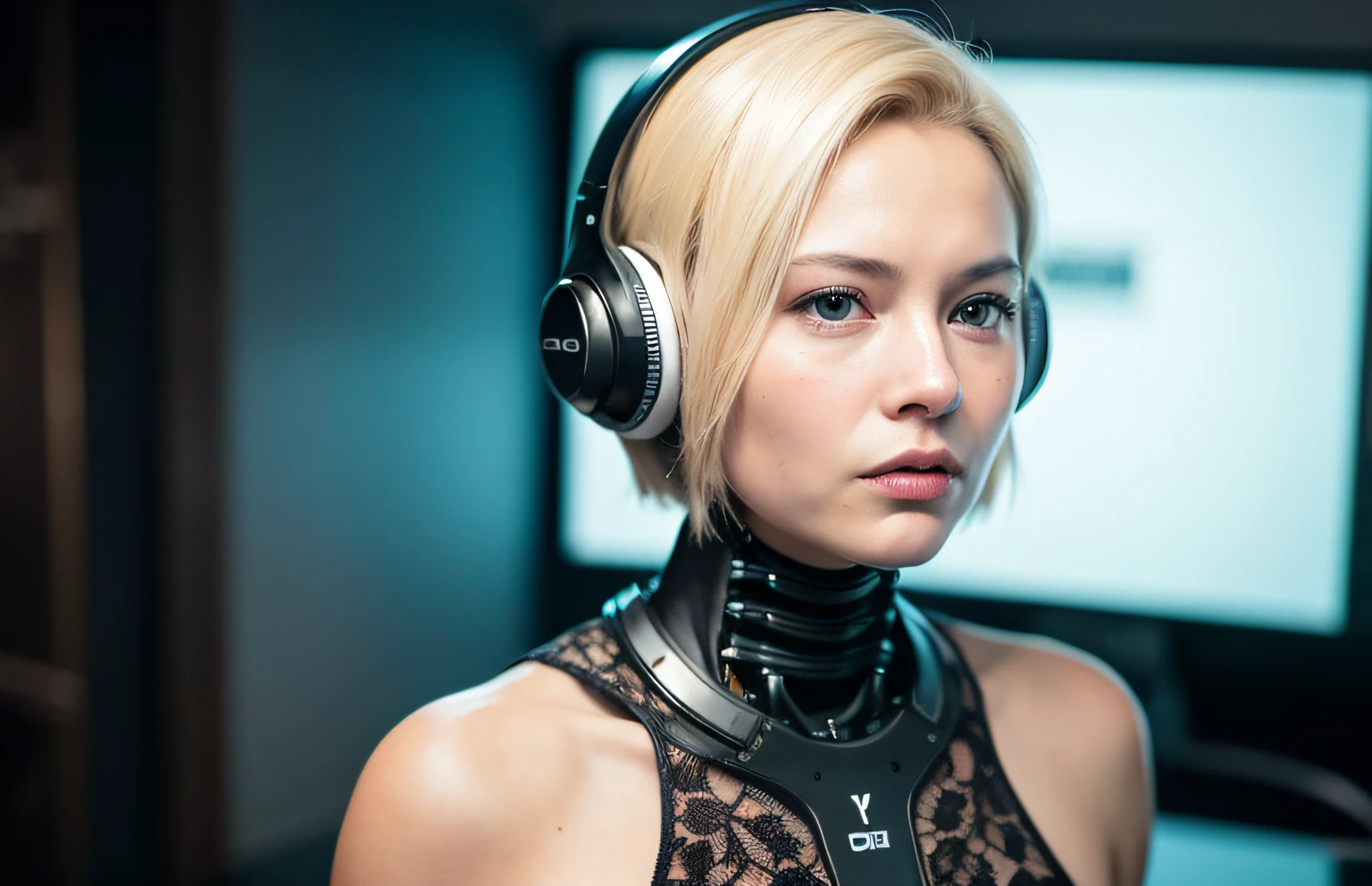 сложный 3D-render, ultra detailed beautiful porcelain android blonde woman's face, She holds the microphone like a DJ, zolotisní world, Deic Robot parts, 150mm, Beautiful studio soft light, edge light, striking details, luxury cyberpunk, lace , hyperrealistic, anatomical, facial muscles, cable, electrical wires, microchip, elegant, beautiful background, Octane Image, HR Giger Style, 8k, best qualityt, The masterpiece, Illustration, Extremely thin and beautiful, extremely detailed , CG, unity, wallpaper, (Realistic, photo-realistic: 1.37), amazing, finely detailed, The masterpiece, the best qualityt, official art, extremely detailed wallpapers Computer Graphics Unity 8k, Absurd, incredibly absurd, robot, silver helmet, full body, sedentary