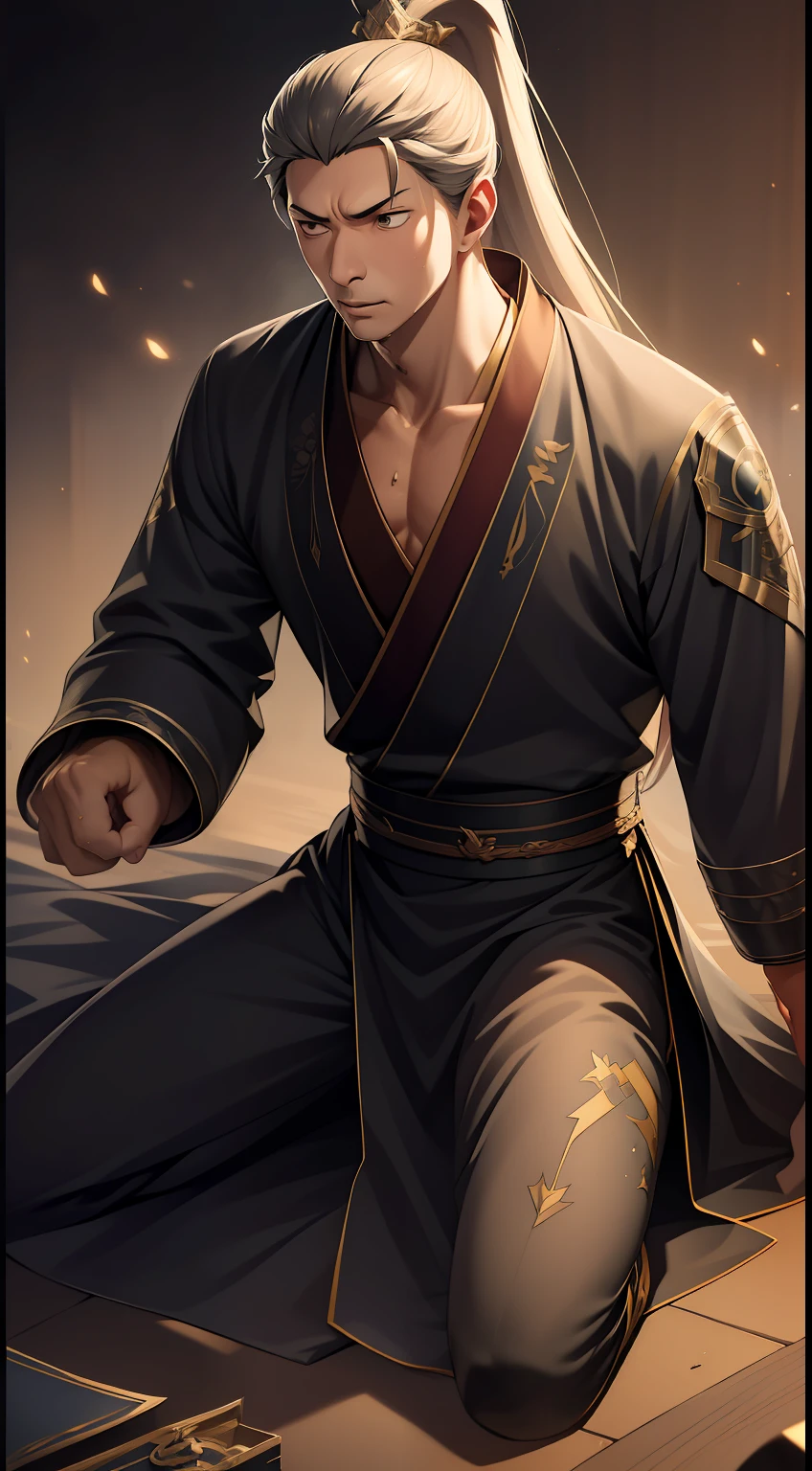 quadratic element，style of anime，mtu（Male Warrior），The proportions are correct，Face details，swordsmen，High ponytail hairstyle，Neck details，There is an Adam's apple，Black Hanfu，kaftan，Embroidered robes，Black robe，clothes details，Handing over，longer sleeves，Game quality，Swordsmanship，Light and shadow tracking，Ray traching，detailed glow，cg render，hair detail，long  white hair，Black eyes，Handsome，Handsome，（juvenile sense），Clothing is complicated，Perfectcomposition，Refinement，high qulity，higher details，Lots of details，The background is complex，a sense of atmosphere，