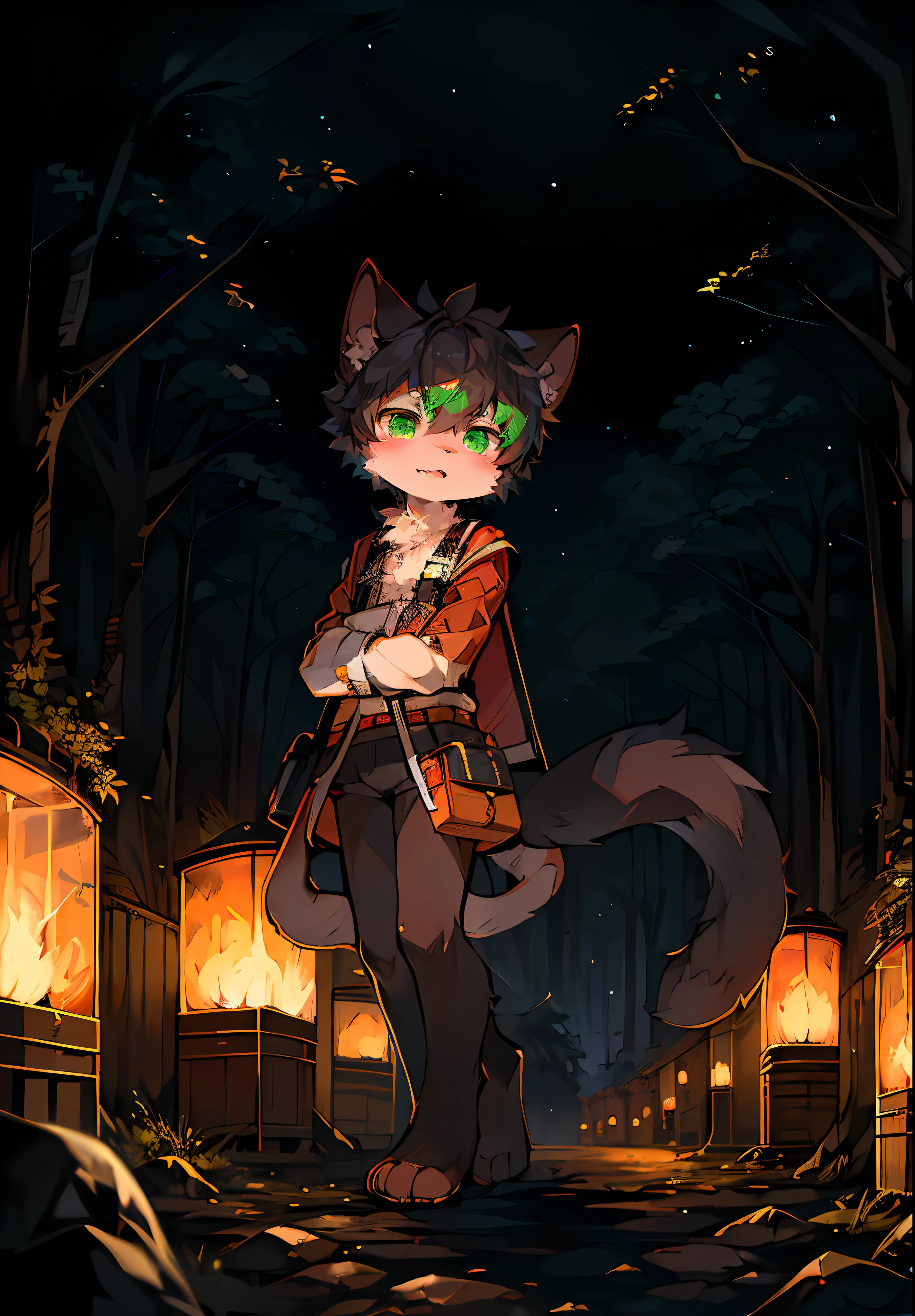 (ambiente dark:0.8),Masterpiece,High quality,abstract res,Digital painting\(artwork of a\), by Dagasi, Yupa,Kiyosan,(anthro,Fluffy fur,Character focus:1.1),anthro male cat, eyes with brightness, in a panoramic view, Character focus.(detailedbackground:0.7), 独奏, shaggy, shaggy male, malefocus, anthr,(Full Body Furry, Elongated tail, Black fur, Green eyes,:1.2), (felid、explorer、Medical shoulder bags:1.2),(ln the forest、the night、废墟、bonfires:1.1)