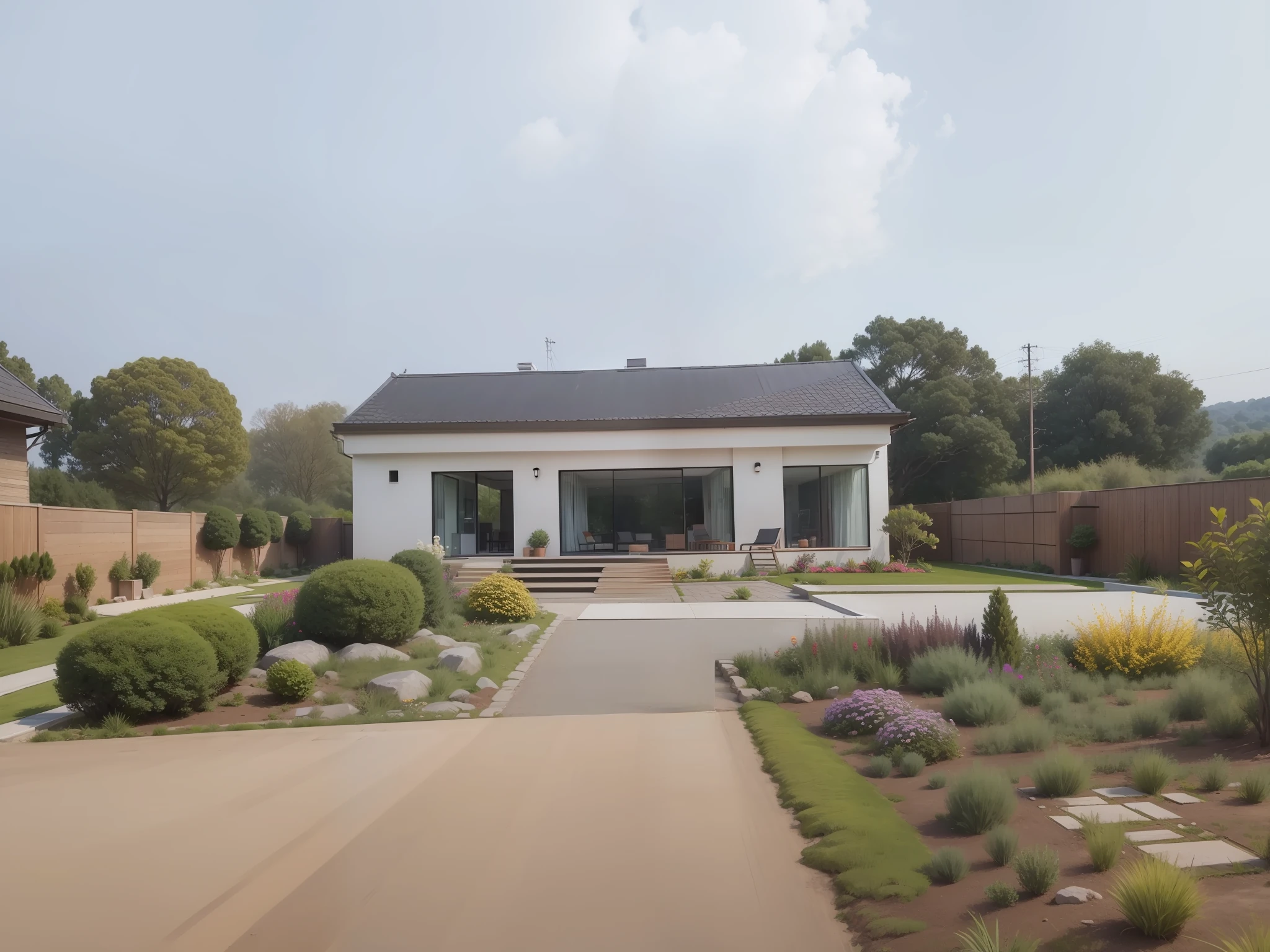 modern garden house design, many trees and flowers, beautiful landscape, high realism