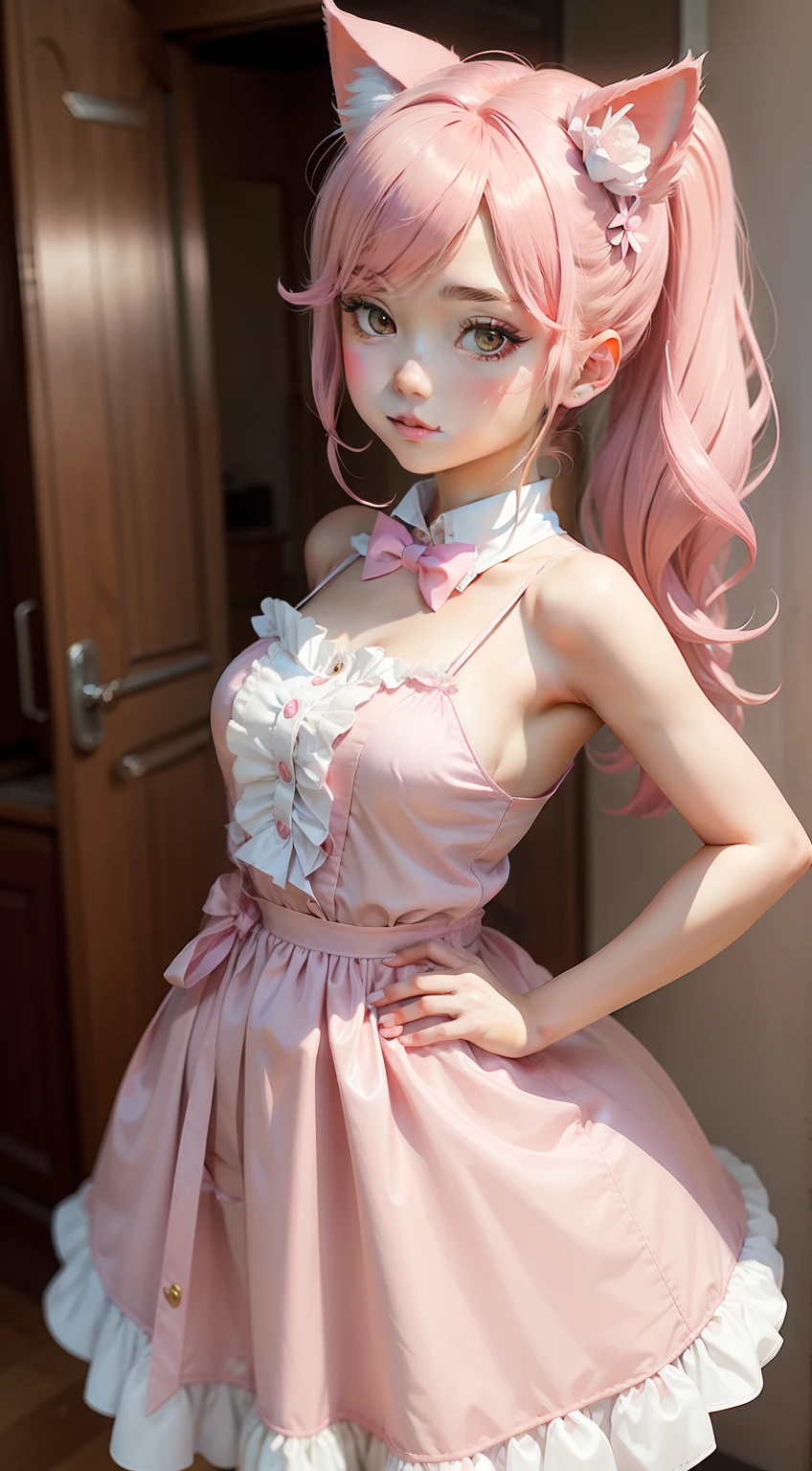 Anime - style girl in pink dress with cat ears and bow tie, small curvaceous loli, loli in dress, cosplay of a catboy! maid! dress, Loli, cosplay, Anime girl cosplay, Anime cosplay, Maid dress, cosplay foto, belle delphine, lollipop, Ayaka cosplay, Sakura Kinomoto, Also, ((Pink)),Big breasted double ponytail girl