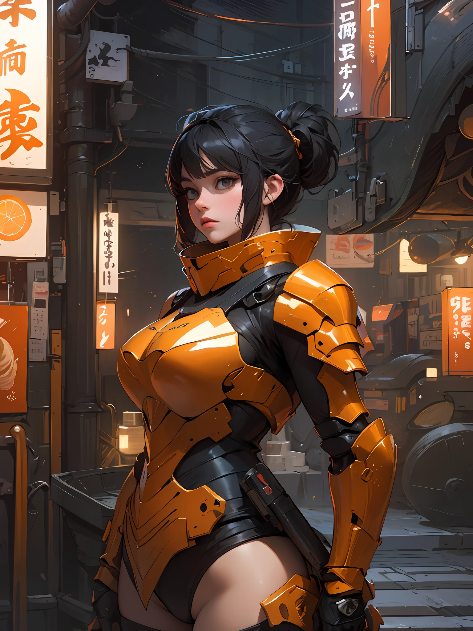 (Artwork of exceptional craftsmanship),(Detailed illustrations,(Very ideal anatomy),Very detailed and detailed drawing,Delicate lines with slow and rapid,(Realistic texture expression)),[Color tressed main line],[Shinjuku background at night],(HENTAI ANIME) (JapaneseNINJAGirl (Beautiful fece) 15yo student) petite and muscular [Slim body] Short Bob Cut,([hornet] Orange Ninja Battle Armor) scarf [stall] ((Fitting rubber inner) [honeycomb] [edg]) hair adornments (Dull metallic luster:0.8),gravure [KUNOICHI],(Perfectly proportioned),(Fine and beautiful skin expression [realistic skin detail]),[Design built to the highest level,[Advanced structural understanding of materials],Ideal color coordination],(Intricate and beautiful decoration [Dense detail]),(More on shiny hair),[Perfect hand details [Beautiful Finger]],(Beautiful perfect face [Realistic face details]),[Clear gaze],[long and beautiful eyelashes],[Perfect eye details (Eyes beautifully drawn down to the smallest detail)],(detaileds,high-detail),([Precision Detail],[multi-layer texture],HighQuality,hight resolution),[(Accurate simulation of light-material interactions),Understanding Airflow,Mechanically correct representation],[Visual art that conveys a sense of narrative] [Full body like],[[Desaturation]].
