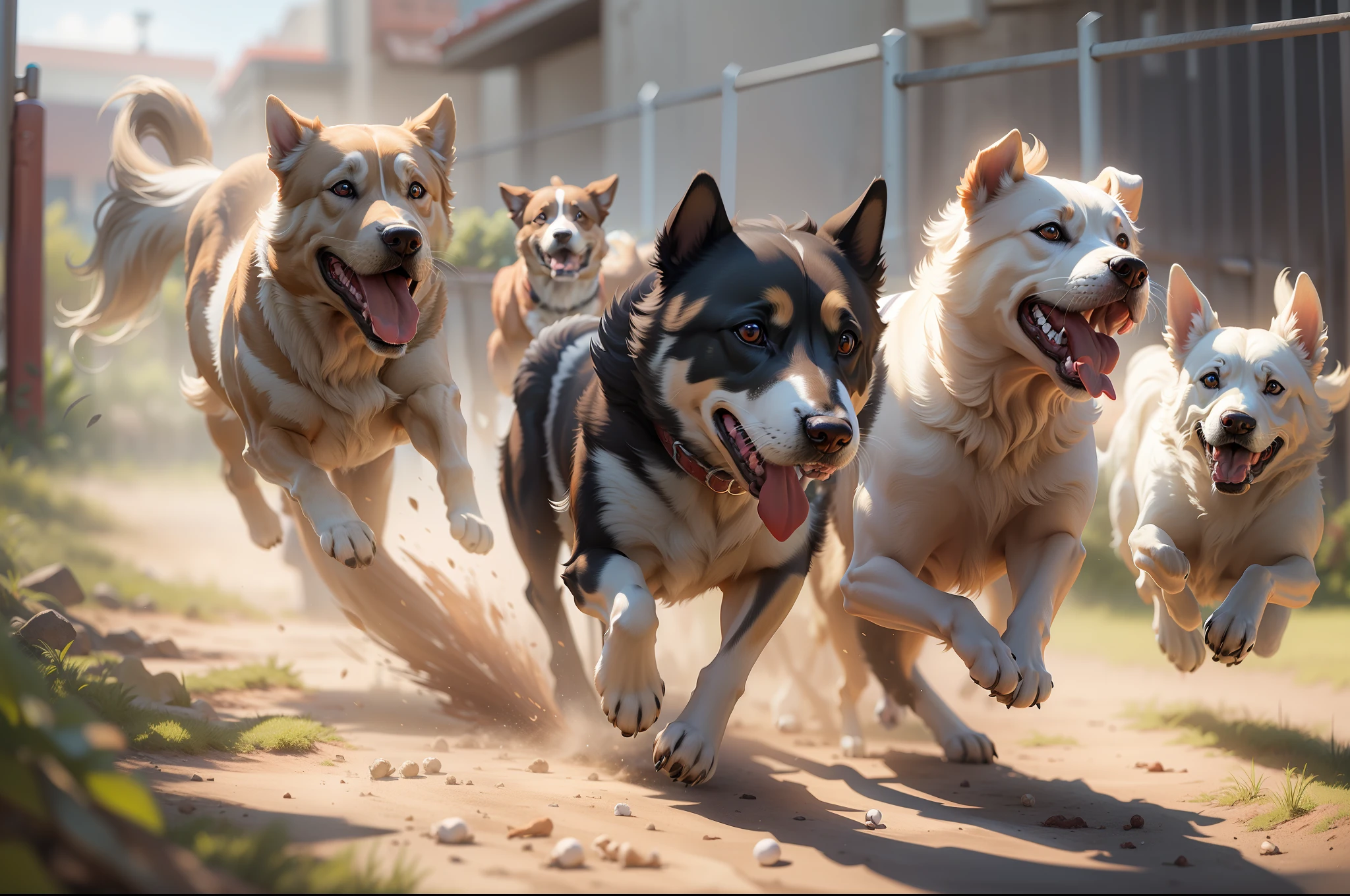 dog run, competition, dynamic angle, sun lighting, hyper realistic, extremely detail, digital art,