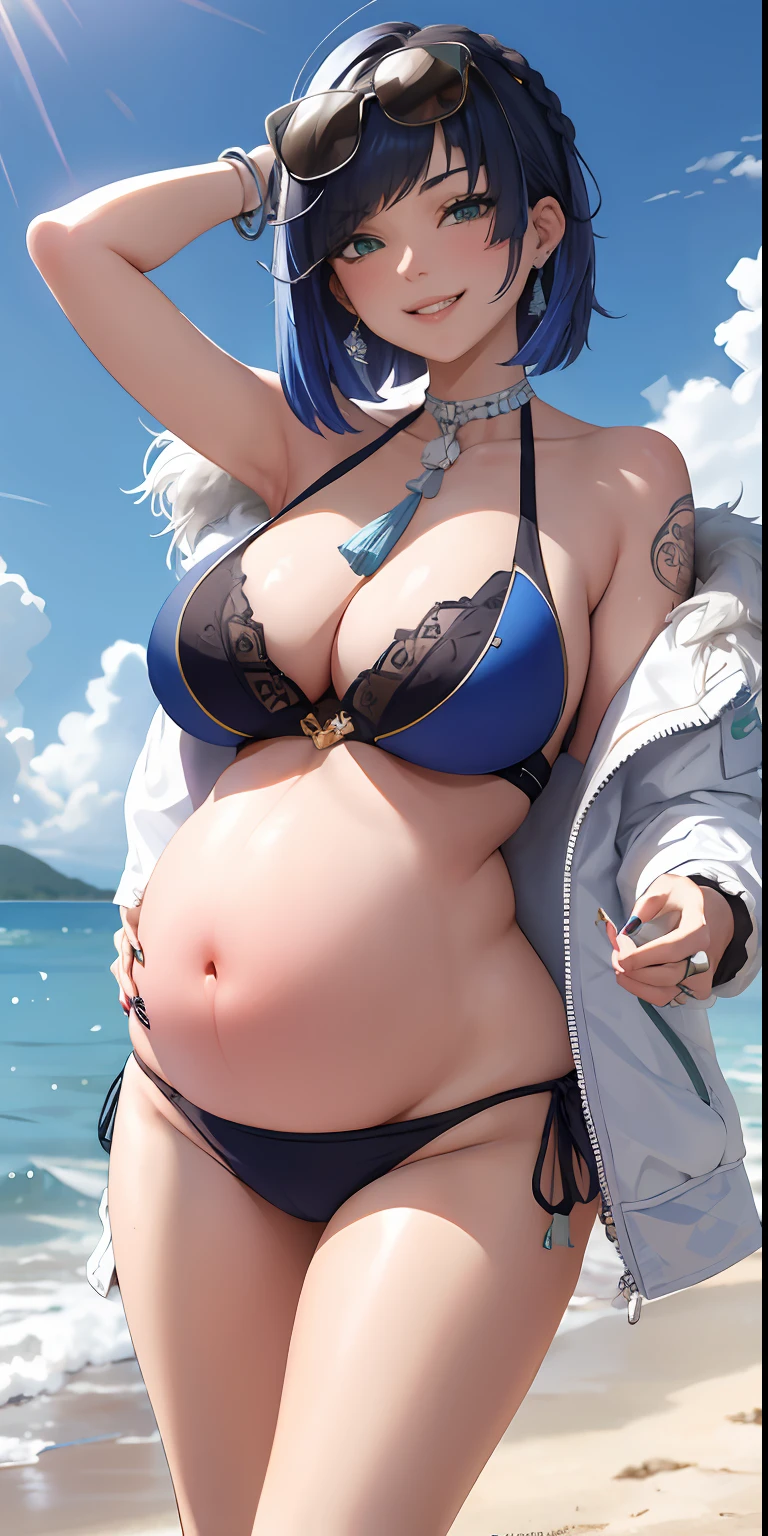 (Masterpiece, Best quality:1.2), Shoot all over the body, cum shots, Summer, shot on the body, 1girll, Solo, Huge breasts, view the viewer, Smile, Short hair, Blue hair, bangs, Blue eyes, Pregnant women with, cleavage, Bare shoulders, nipple bump, White jacket, Milk drips all over the body, Open clothes, shairband, , grin, nakeness:1.3, sunglasses, eyewear on head, Tattooed with, white nails, beach, palmeiras