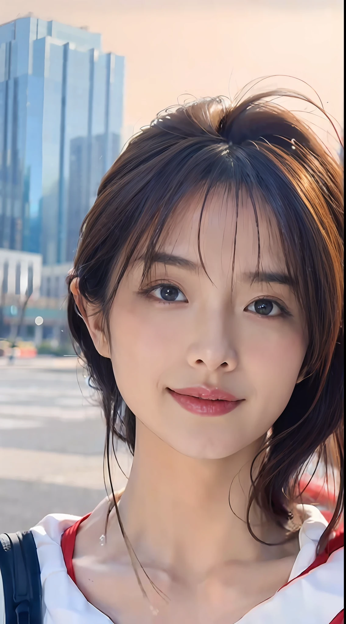 Super smile、full bodyesbian、randome pose、mix4、(8K、Raw photography、top-quality、masterpiece:1.2)、(realisitic、Photorealsitic:1.37)、3D、shitu-mecha、Beautiful cyberpunk girl standing beside a giant robot in the ruins of an abandoned war city、cute little、A city scape、profetional lighting、physically-based renderingt、Gradient Brunette Hair、short curly hair、a handsome、Girly、White Ball Set、superior image quality、hight resolution、1080p、(clearface)、(Detailed face description)、(Detailed hand description)、(masterpiece)、(Exquisite CG)、extreme light and shadows、 dishevled hair, masterpiece, lush detail, (Exquisite facial features), (Top image quality), (masterpiece), (Eye of Detail), Looking forward to the eyes, Delicate collarbones