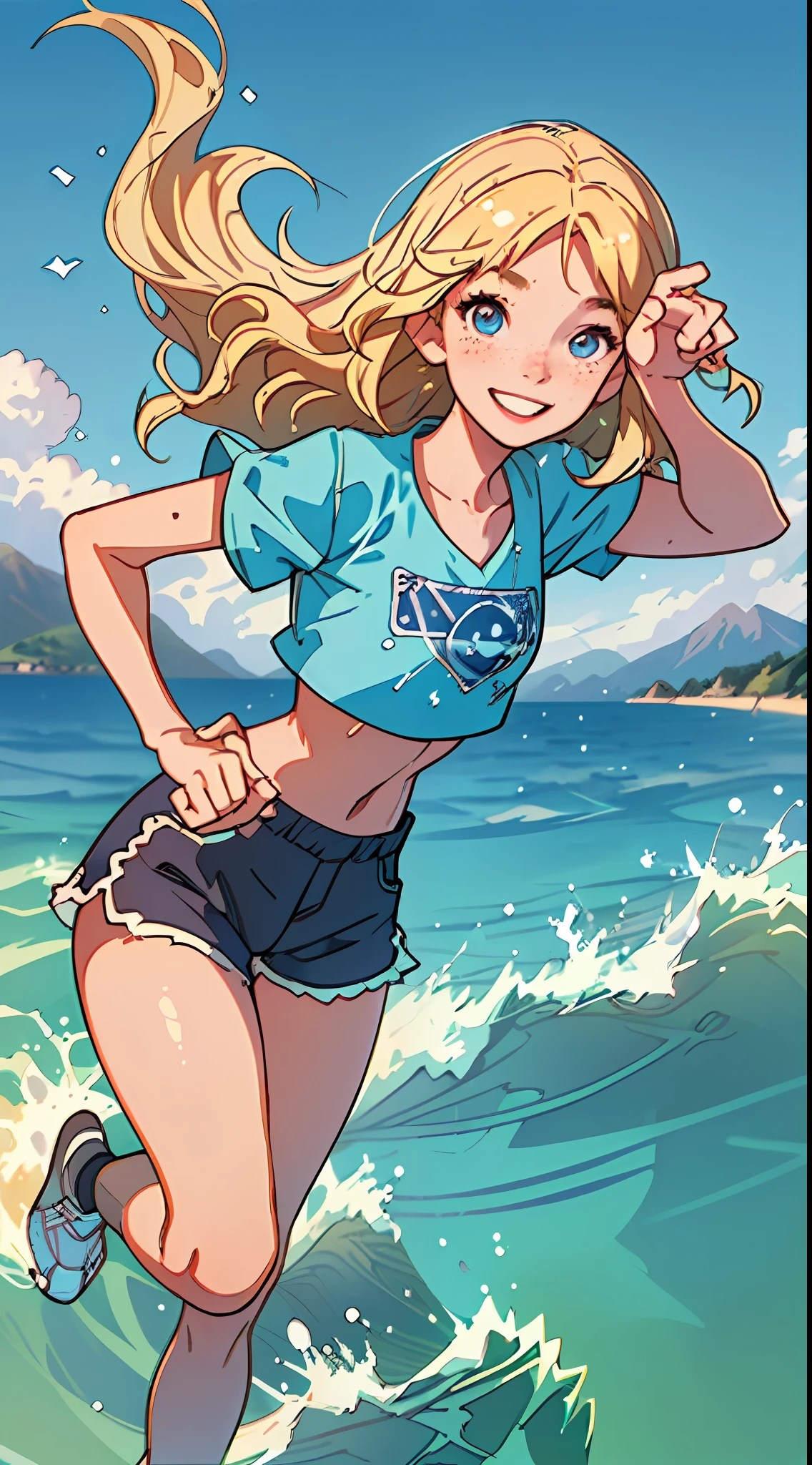 (best quality, masterpiece), 1girl, paw pose, smile, laughing, ocean, crop top, shorts, blonde, freckles, blush, looking at viewer, wavy hair, cloud, splashing, waves, sun, mountain, wet