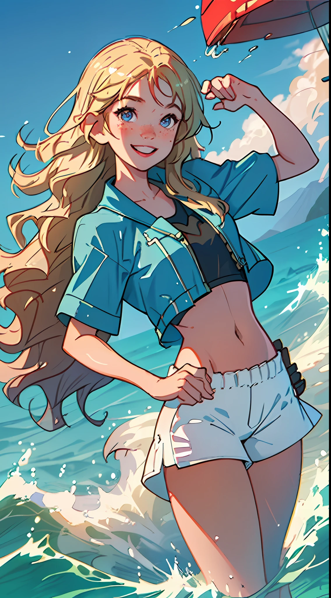 (best quality, masterpiece), 1girl, paw pose, smile, laughing, ocean, crop top, shorts, blonde, freckles, blush, looking at viewer, wavy hair, cloud, splashing, waves, sun, mountain, wet