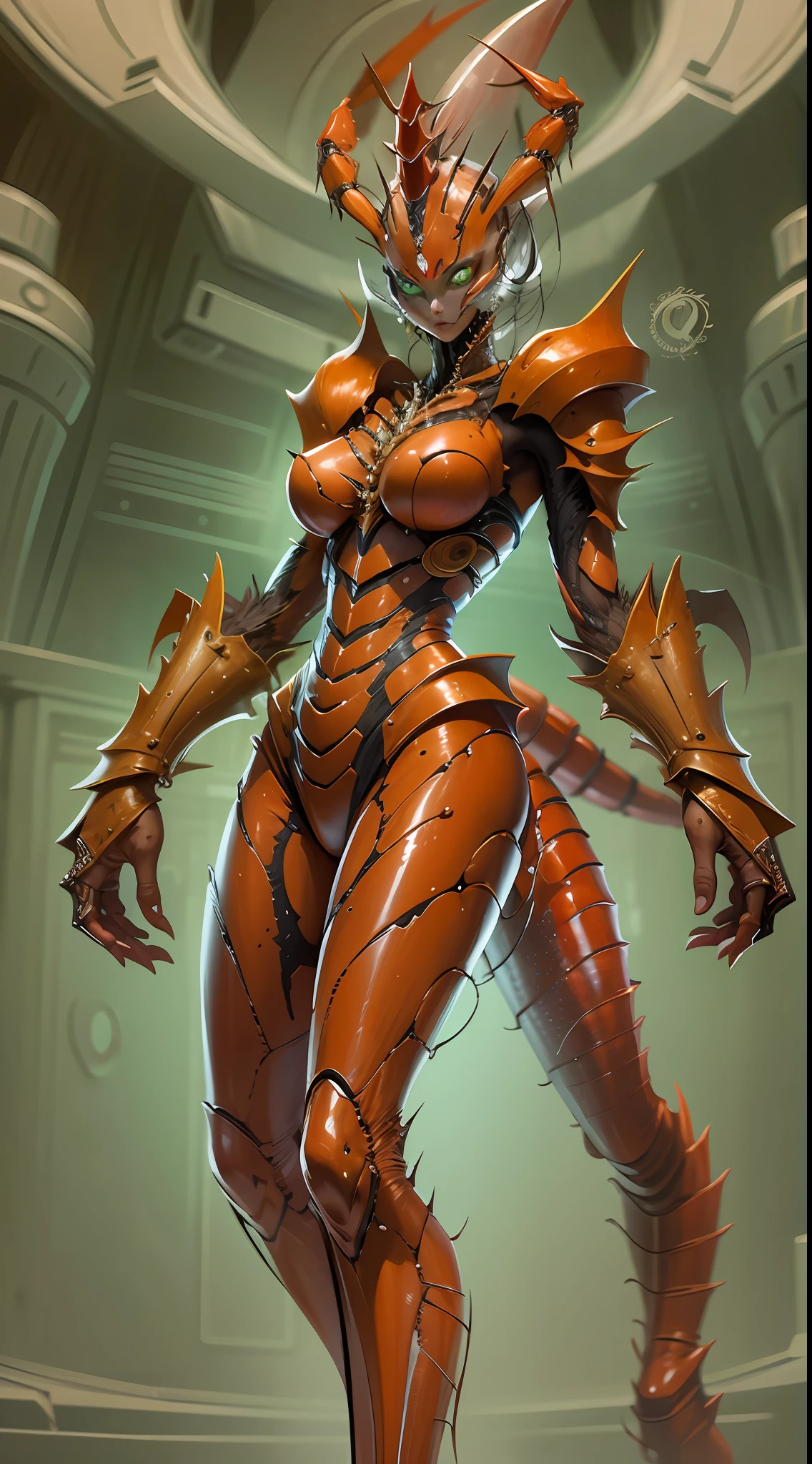 Cartoon photo of a woman in a red costume、Hot crustacean humanoid female、a person々takeout、Guyver Style、SFW version、Scarabeleploid、tail、Cel Shade Adult Animation、Alien Queen、