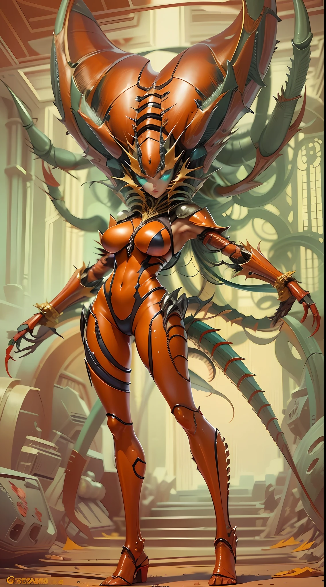 Cartoon photo of a woman in a red costume、Hot crustacean humanoid female、a person々takeout、Guyver Style、SFW version、Scarabeleploid、tail、Cel Shade Adult Animation、Alien Queen、