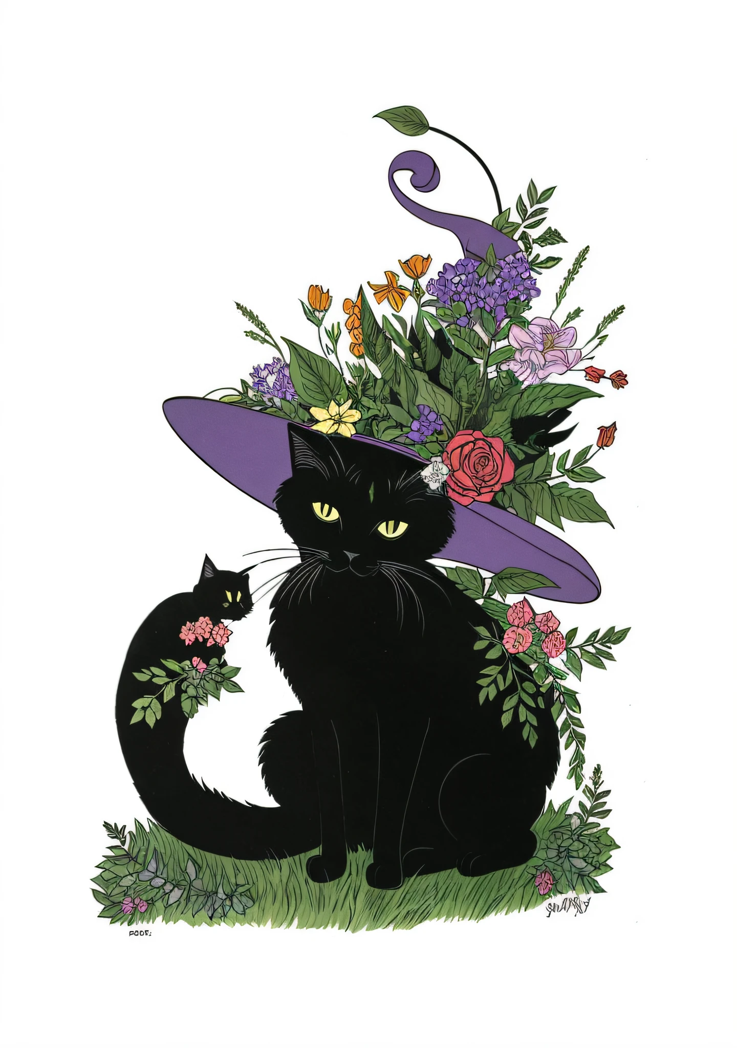 There is a black cat，A hat on his head，Wearing flowers on the head, cat witch, full-colour illustration, cat with a hat, illustration of a cat, anthropomorphic female cat, The Great Wizard in a Hat, anthropomorphic cat, author：Mary Oldsley, Purple cat, large view, cats and plants, whimsical art, cat in the forest，Vintage illustration，Retro，Graphic illustration，planar