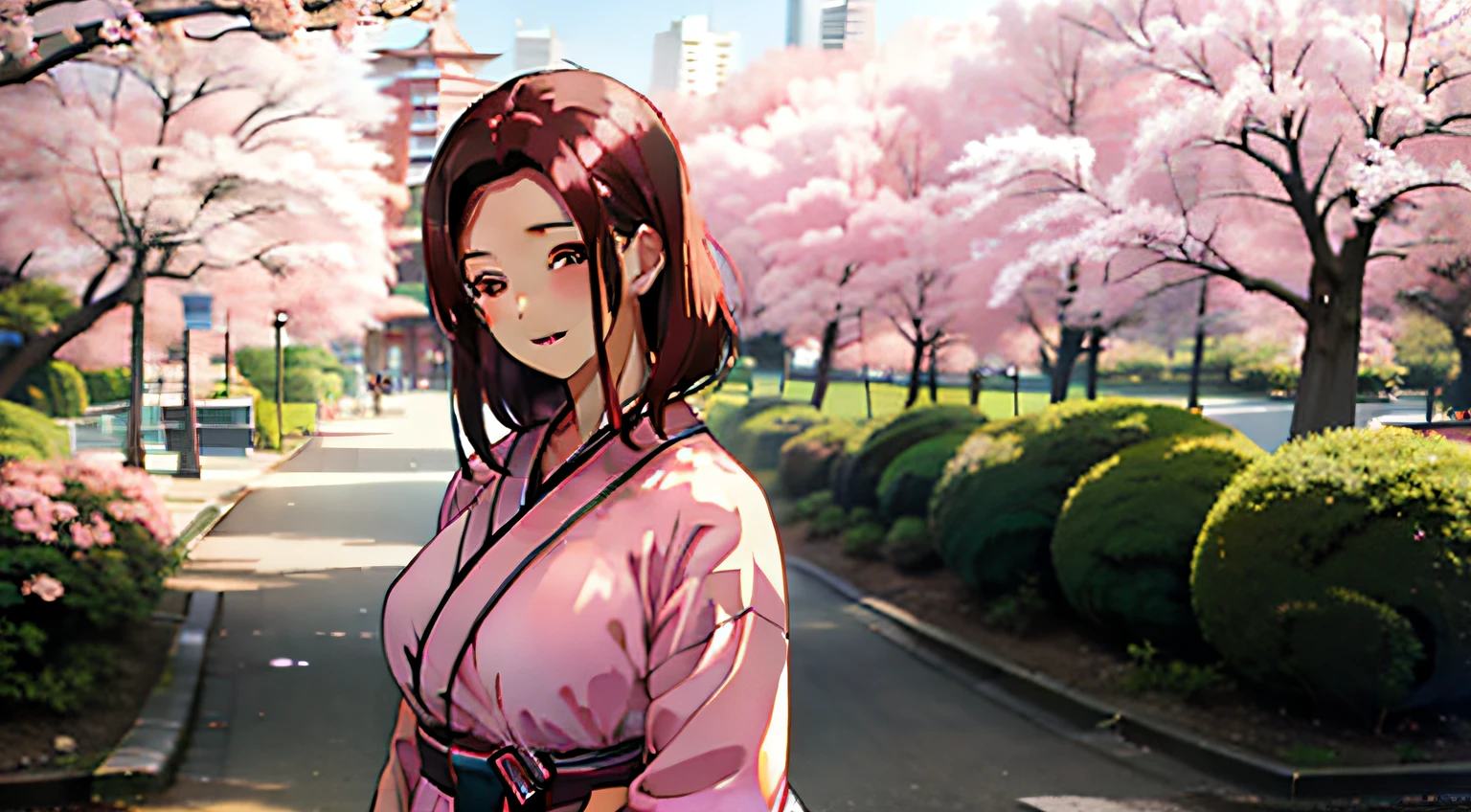 City, day, maruyama park, cherry blossom festival, womman, Beauty, Smile, mature, Casual, up looking, tilted face, Wide lens, hdr