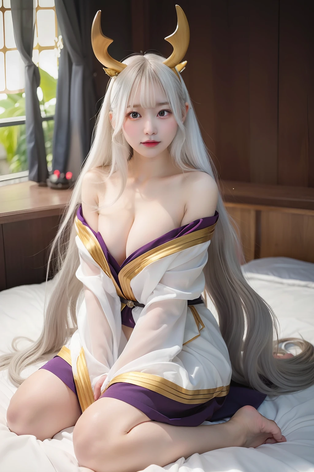 Kaguya otsutsuki. A woman sitting in our room. Her very long hair was white. With a pair of antlers on his head. He sat to his knees in a white kimono with a yellow and purple striped about to fall. Showing some of her big, round breasts and breasts. His skin is completely white. Her cheeks were rosy. A seed as red as blood with a pair of white eyes. And one red eye on his forehead. Looking so pretty and realistic.