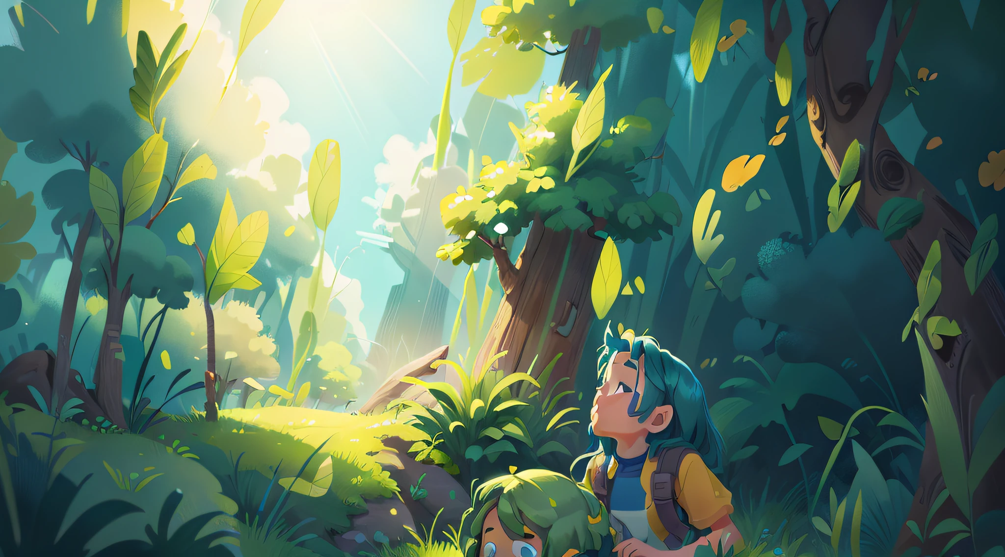 Fresh colors，Tall grass，rays of sunshine，the trees，blue-sky