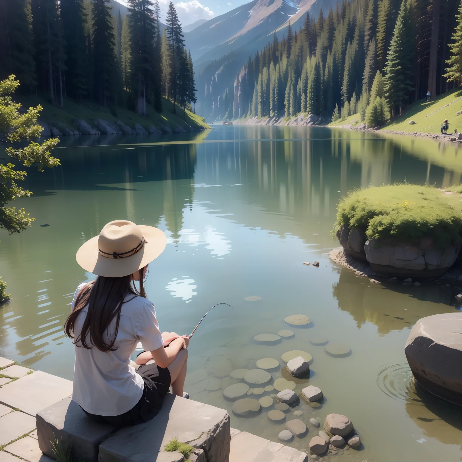 mtu,Hats,sitting on the stone,lakeside,rod,fishing,scenecy