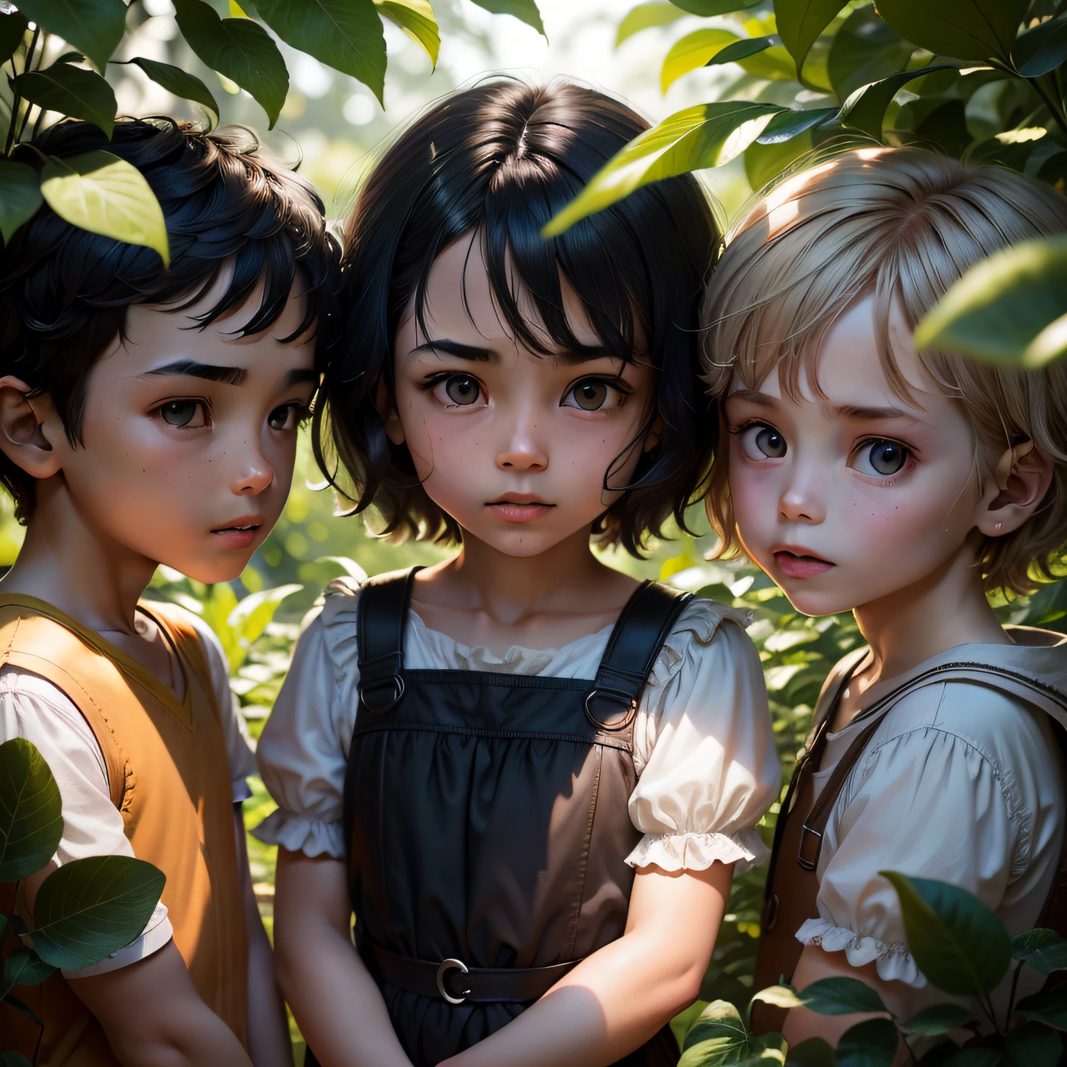 three boys between the of 7 and 11, ey walked together in the garden of Grandma's house, com olhares de espanto para a passagem secreta no jardim, cinematic lighthing, Motor Unreal 5, cinemactic, Color Classification, Fotografia Editorial, fotografia, Photo Session, Tiro em lense 70mm, profundidade de campo, DOF, Tilt Blur, Velocidade do obturador 1/1000, F/22, White balance, 32k, Super-Resolution, Megapixel, ProPhoto RGB, SEX, alto, epics, Artgerm, Alex Ross, Halfrear Lighting, luz de fundo, natural lighting, Incandescente, fiber optics, Moody Lighting, Cinematic lighting, studio lighting, soft lighting, volumetric, Contra Dia, Dark lighting, highlight lighting, global ilumination, Global Screen Space Lighting, I Tracking global lighting, Luz de aro vermelha, cor fria 45%, Optics, Scattering, brilhante, Sombras, Rough, Cintilante, Ray Tracing Reflexões, Lumen reflections, screen space reflections, Diffraction Grading, chromatic aberration, Deslocamento de GB, Linhas de varredura, Ray Traced, Ray Tracing Occlusion of the Environment, antialiasing, FKAA, TXAA, RTX, SSAO, Shaders, OpenGL Shaders, GLSL-Shaders, Post processing, post - production, estilo disney