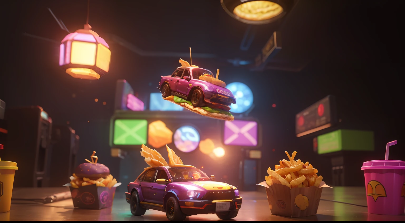 Metaverse virtual space，Hamburger fries blind box figurines floating in the air，Cyberpunk fast food restaurant